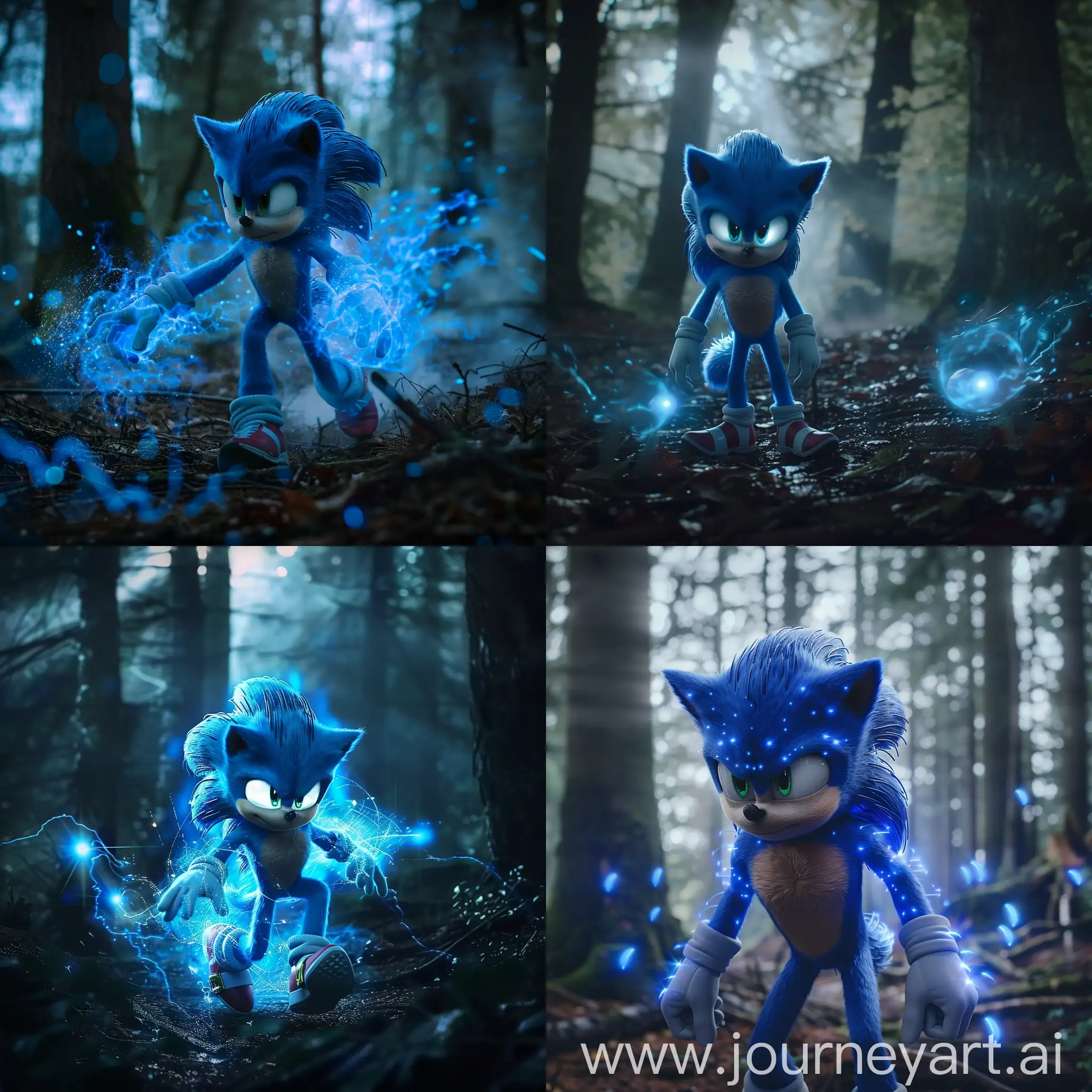 Sonic the hedgehog movie with blue holograms in the forest