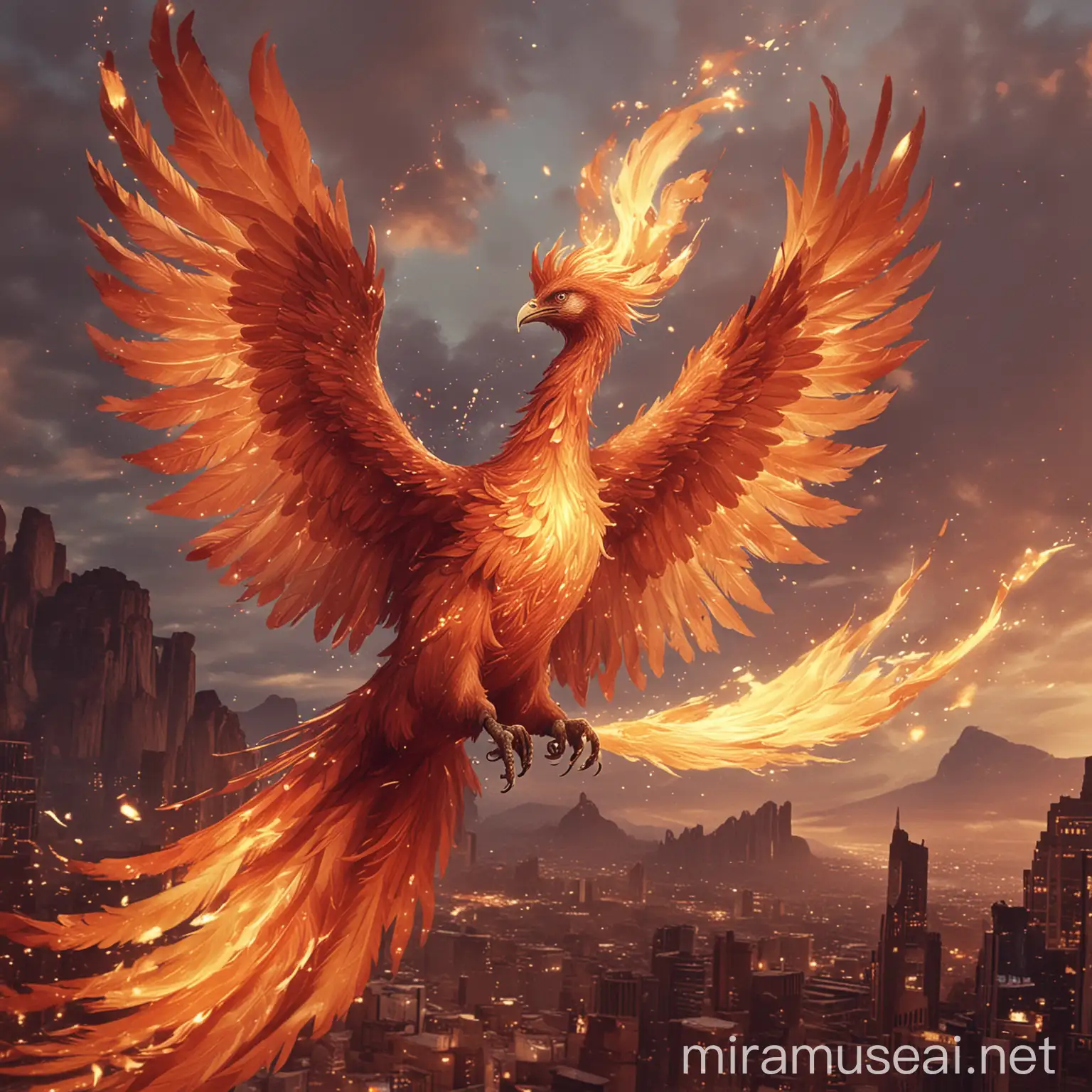 /imagine prompt: A magnificent phoenix with its wings spread wide, soaring through the sky. The phoenix is a powerful symbol of freedom, rebirth, transformation, and breaking free from the chains of addiction. Its vibrant, fiery feathers glow in shades of red (#FF4500), orange (#FFA500), and gold (#FFD700), symbolizing strength and renewal. The background shows a clear, blue sky (#87CEEB) with a few fluffy clouds (#F0F8FF), representing a new beginning and hope. Below the phoenix, subtle hints of broken chains and shadows fading away illustrate the triumph over addiction. 

The overall mood is majestic and liberating, capturing the essence of the phoenix's mythical and powerful nature, and the journey of overcoming and rising above past struggles. Add radiant light effects surrounding the phoenix, enhancing its fiery glow and emphasizing its divine nature. 

Place the scene in a serene, natural setting, such as a tranquil forest clearing with lush green trees (#228B22) and vibrant, colorful flowers (#FF69B4, #FFD700), or a peaceful mountain landscape with gentle, earthy tones (#8B4513), symbolizing healing and recovery. Include a flowing river (#4682B4) in the background, reflecting the light and adding a sense of tranquility and continuity.

Draw inspiration from Vincent van Gogh's expressive brushwork and vibrant color palette to create a dynamic and emotionally powerful image. Use swirling patterns in the sky and landscape to add a sense of movement and energy. Incorporate small details such as butterflies fluttering around (#FFB6C1) and birds flying in the distance (#4682B4), symbolizing freedom and a new life.

Ensure the phoenix's eyes are bright and intense, glowing with inner fire and determination. Add a soft halo effect around the phoenix to signify its sacred and transformative nature. The feathers should have intricate, detailed patterns that catch the light, with subtle gradients and highlights to show depth and texture.