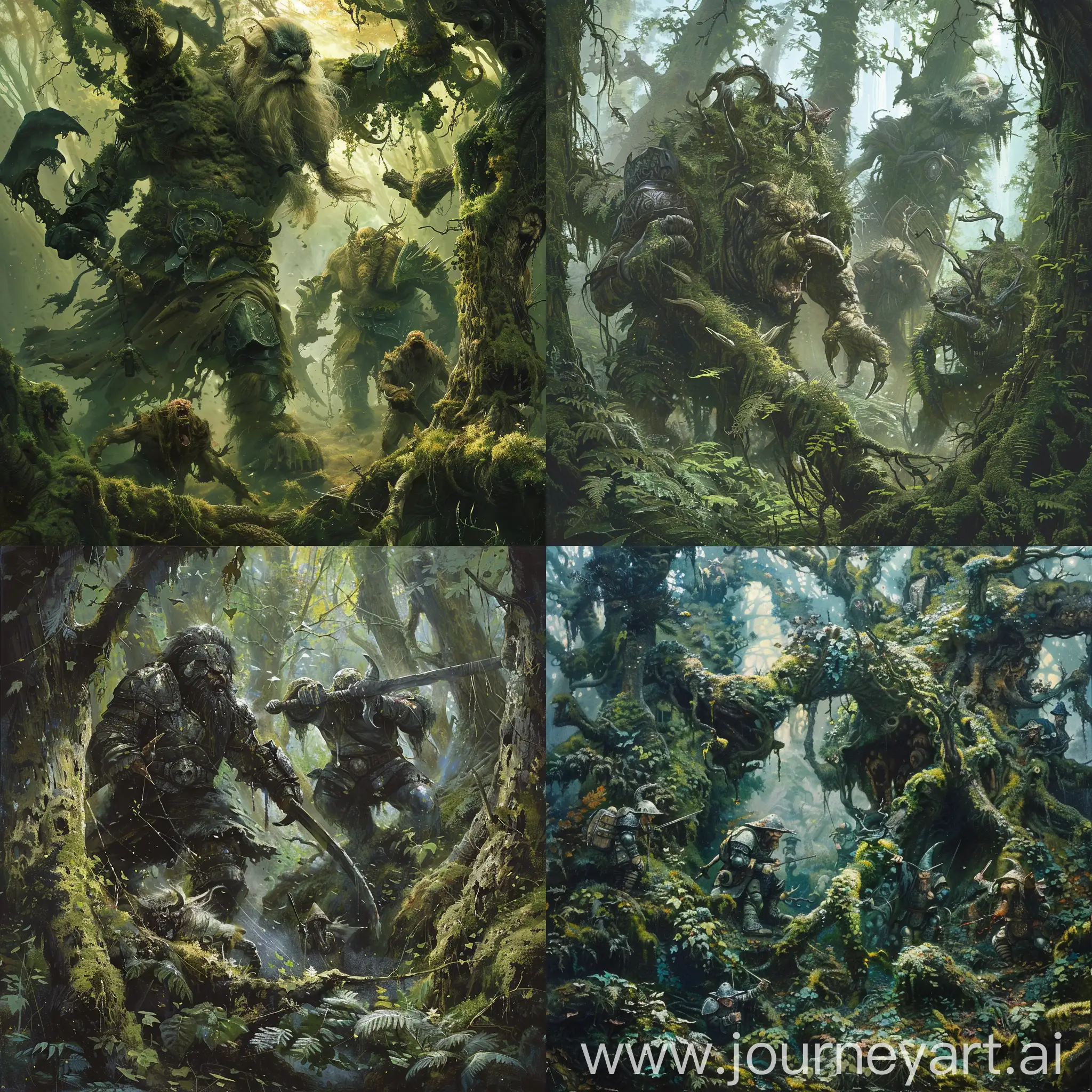Trolls in armor fight with gnomes. A magical forest with unusual trees covered with moss. Fantastic creatures lurked in the thickets.
