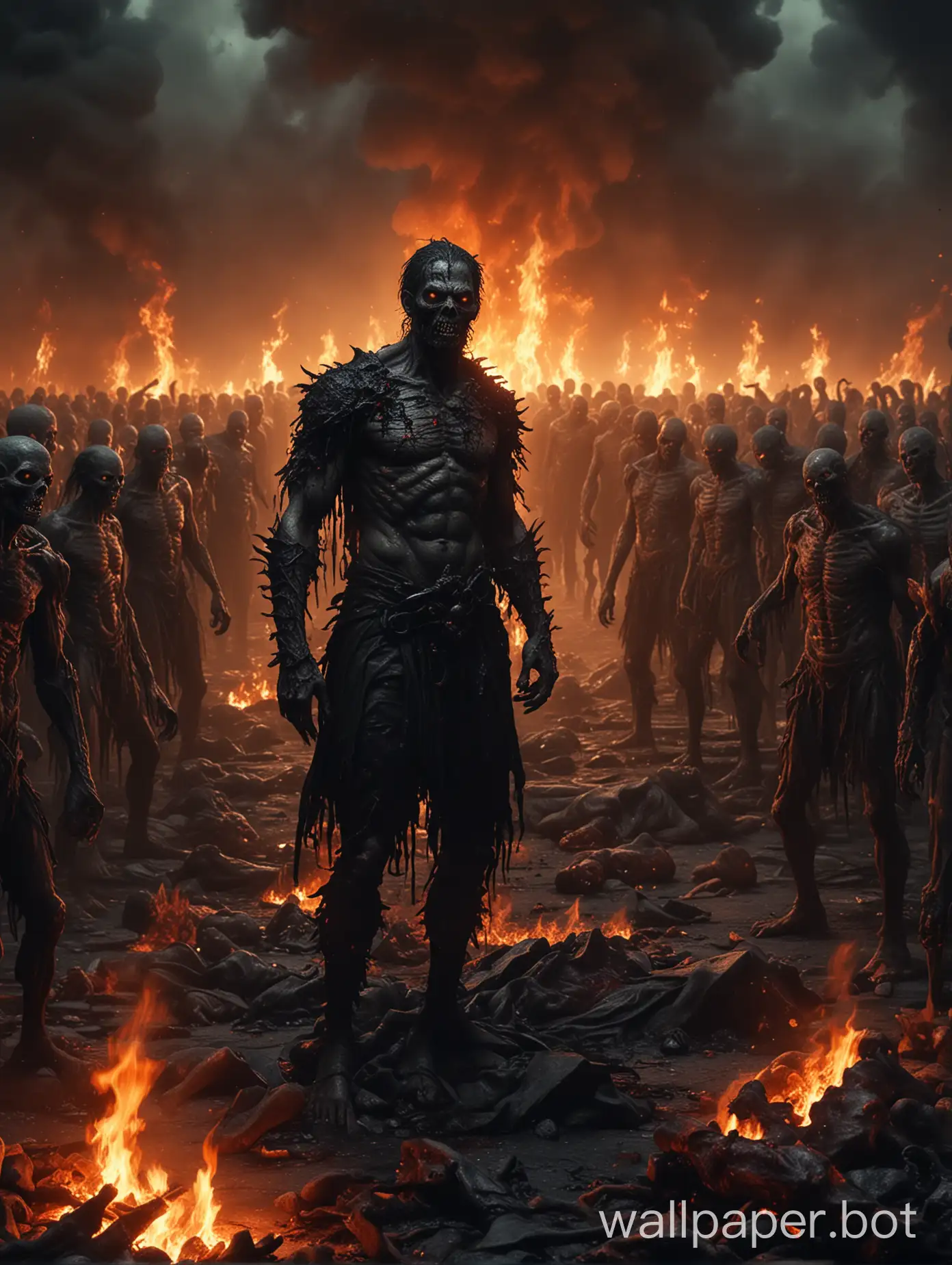 a close up of a person standing in a fire with a bunch of zombies, hell scape, dark fantasy horror art, infernal art in good quality, in hell, standing in hell, ominous figure in the background, dark concept art, this is hell, hyperrealistic hell, horror concept art, satan in hell, king of hell, the god hades