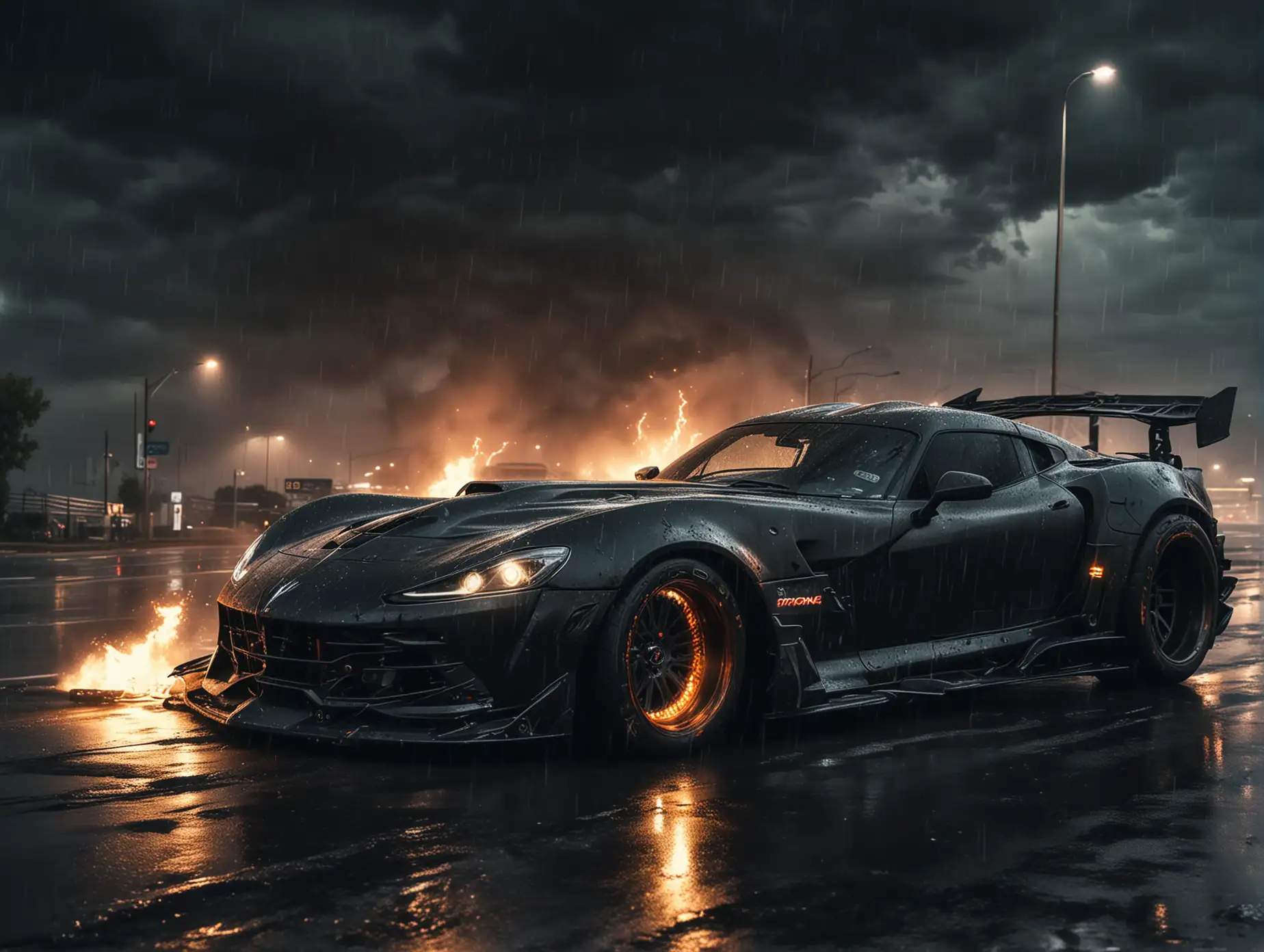 Create  futuristic  France and USA cars  tuning type  Evil venom with big Wells  drifting at night in the motorway background black dark color rear view from far away raining with fire add lightning marks on the body of car
