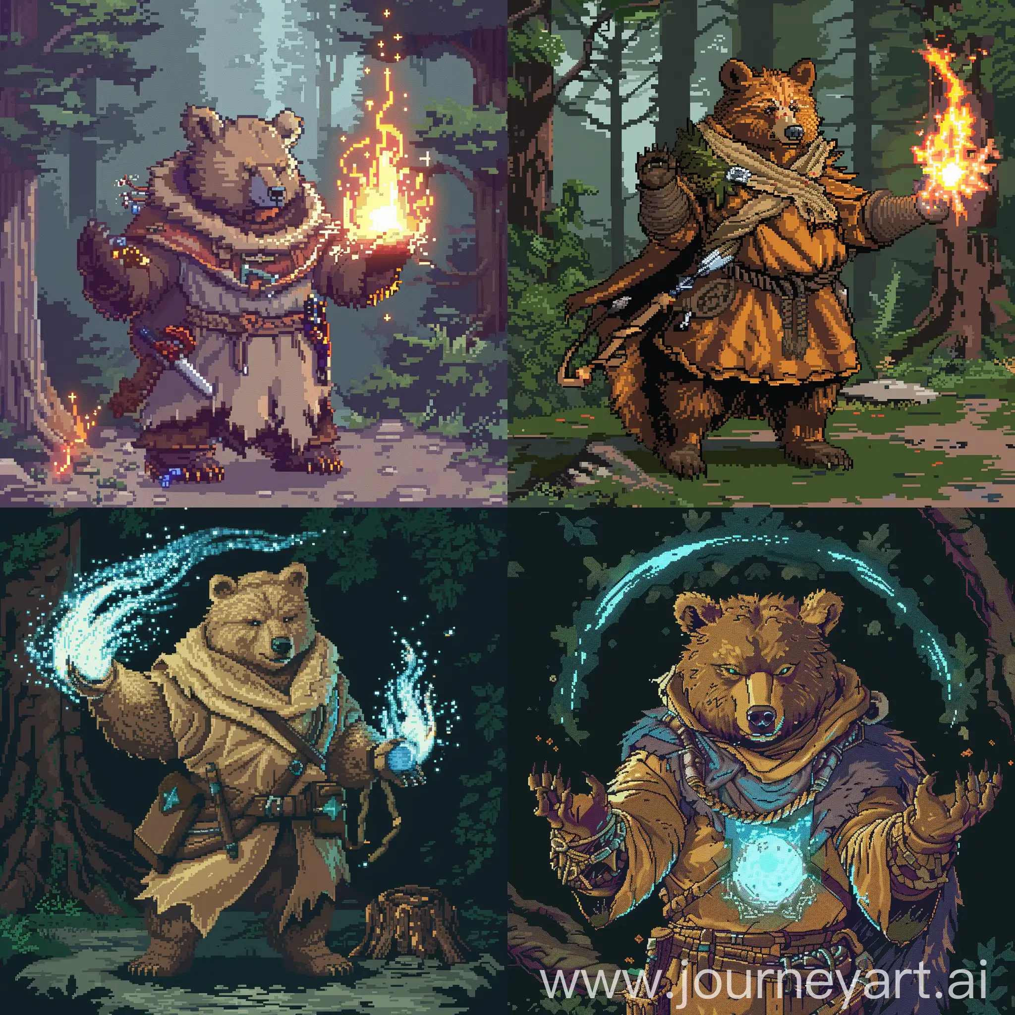Create an image of a crypto-bear druid with the ability to control natural forces or communicate with spirits. Use the pixel style to convey its connection with magic and ancient legends."