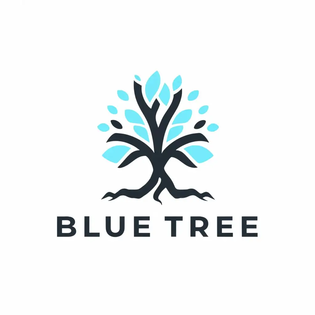 a logo design,with the text "Blue Tree", main symbol:an oak tree, symetrical with roots,Moderate,be used in Retail industry,clear background