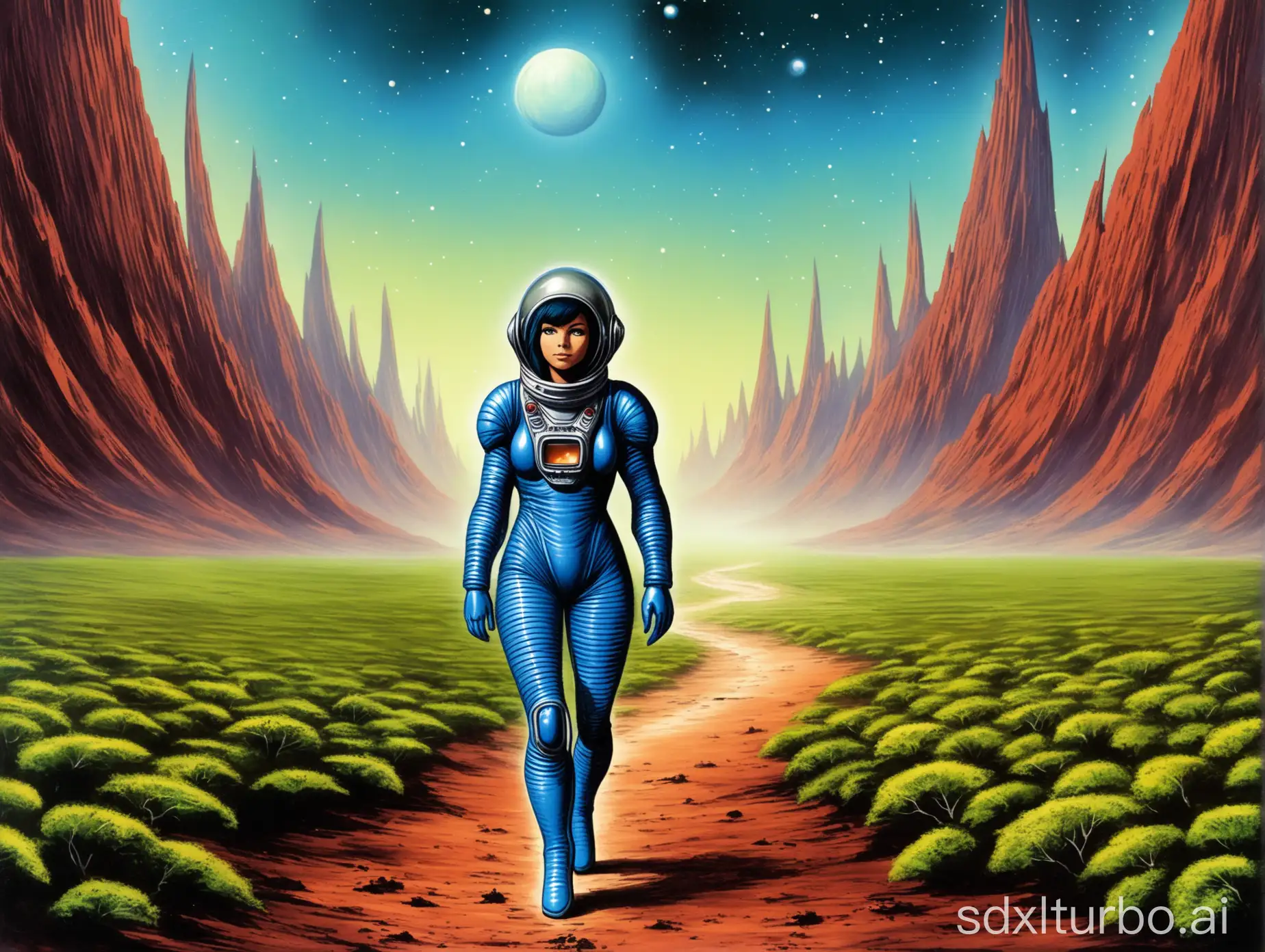 mirona thetin from perry rhodan in space suit wandering in landscape