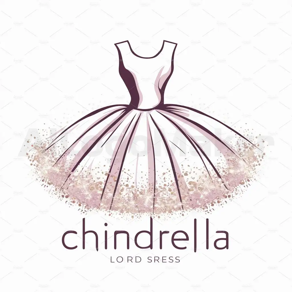 a logo design,with the text "Chindrella", main symbol:Dress Silhouette: The central element is a voluminous dress with a full skirt, creating a sense of fluffiness. The silhouette is clean and minimal, yet the exaggerated creases give the impression of rich fabric and movement. 
Texture and Sparkles: The dress is adorned with subtle sparkles, giving it an ethereal glow. These sparkles are concentrated around the hem and spread upwards, as if the dress is being touched by magic. 
Typography: The word “Chindrella” is placed directly below the dress. The font is modern and delicate, with a touch of whimsy to match the magical theme. It should be legible and scalable, suitable for various applications. 
Color Palette: Consider a pastel color scheme with a primary focus on soft pinks or purples to maintain a feminine and enchanting feel. The sparkles could be in a contrasting shimmering gold or silver to stand out against the dress. 
,Moderate,be used in Clothing industry,clear background