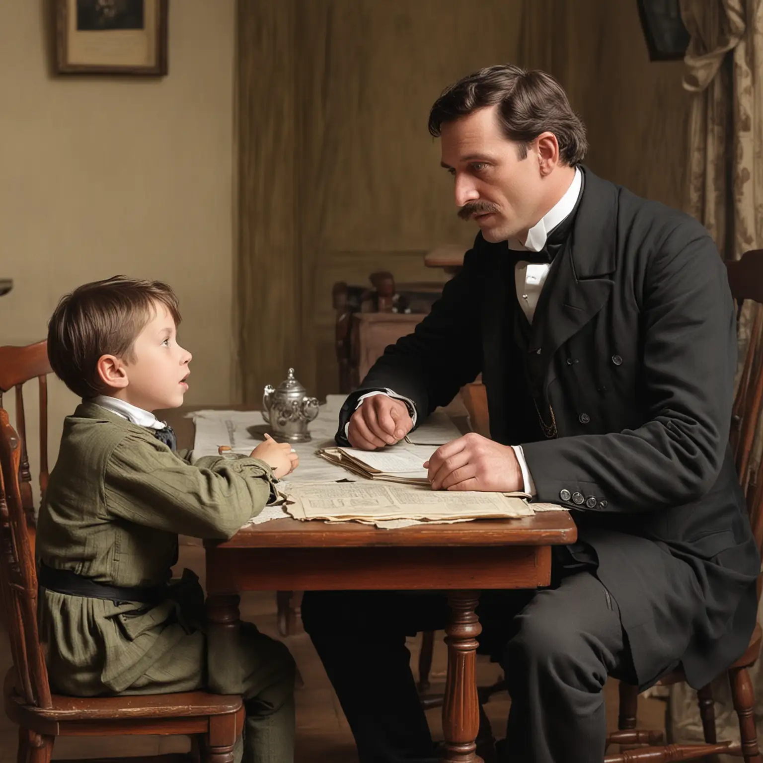 Victorian Man Talking to His Young Son at a Table