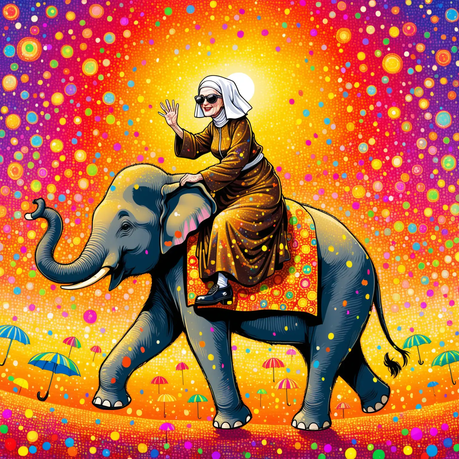Eclectic Nun Rides Psychedelic Elephant at Fairground Sunset