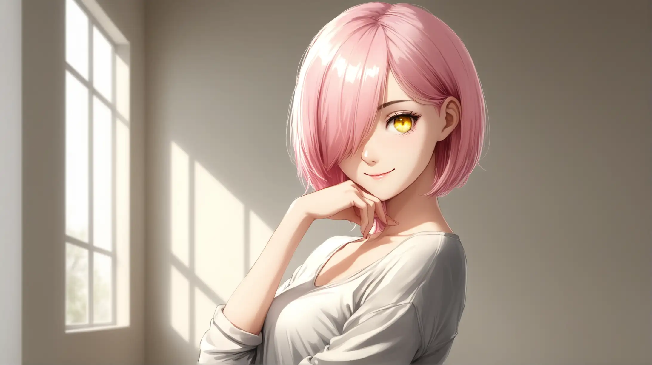 Draw a young woman, short pink hair covering one eye, yellow eyes, slender figure, wearing a casual outfit, seductive pose, indoors, natural lighting, smiling at the viewer