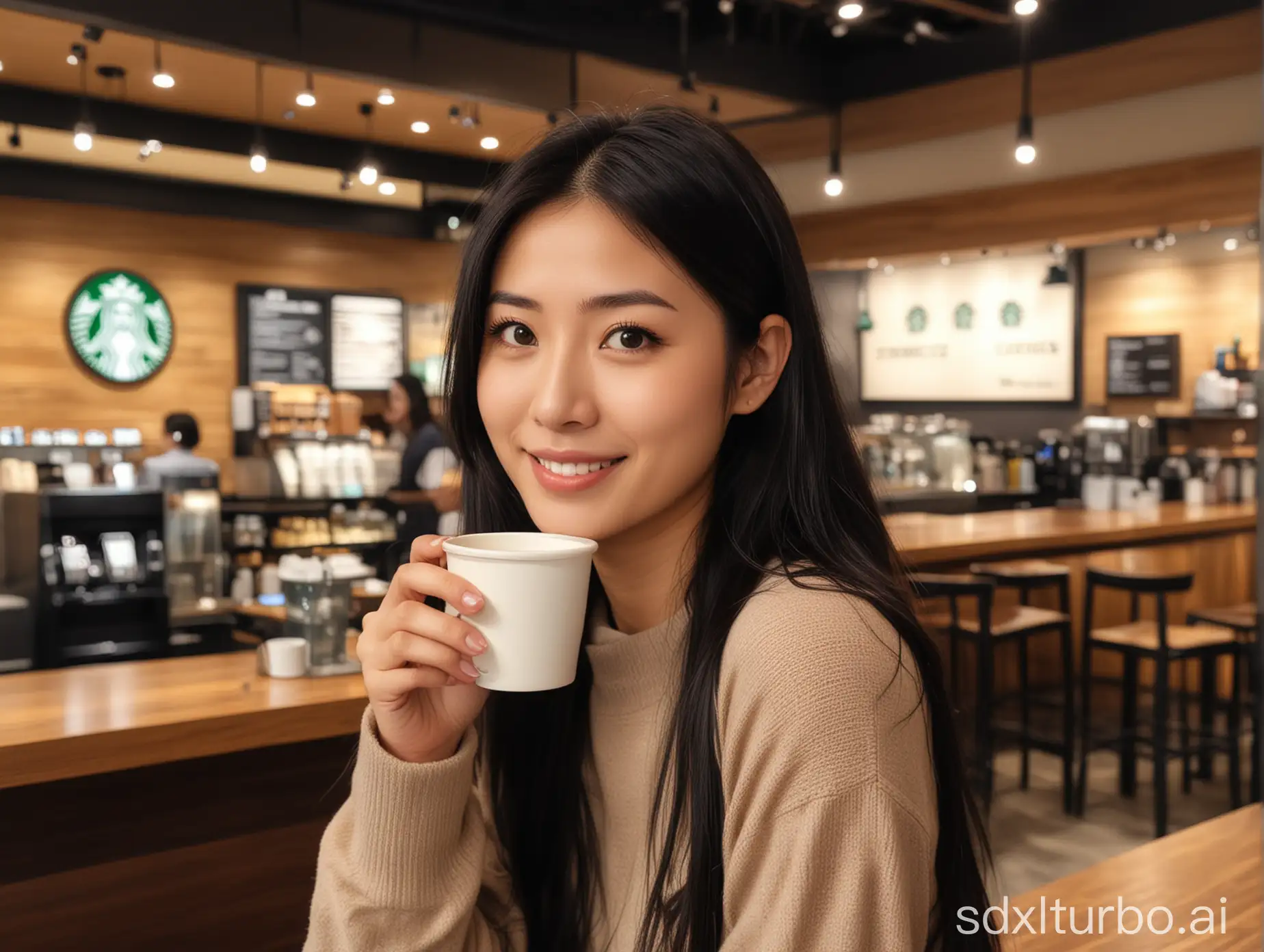 beautiful intellectual typical Japanese 33-year-old girl drinks a cup of Starbucks coffee in Starbucks shop, with guests in background, talking with her friends, smiling, Instagram model, long black hair, warm, black eyes, height 6.5 feets, female, masterpiece, 4k, correct fingers