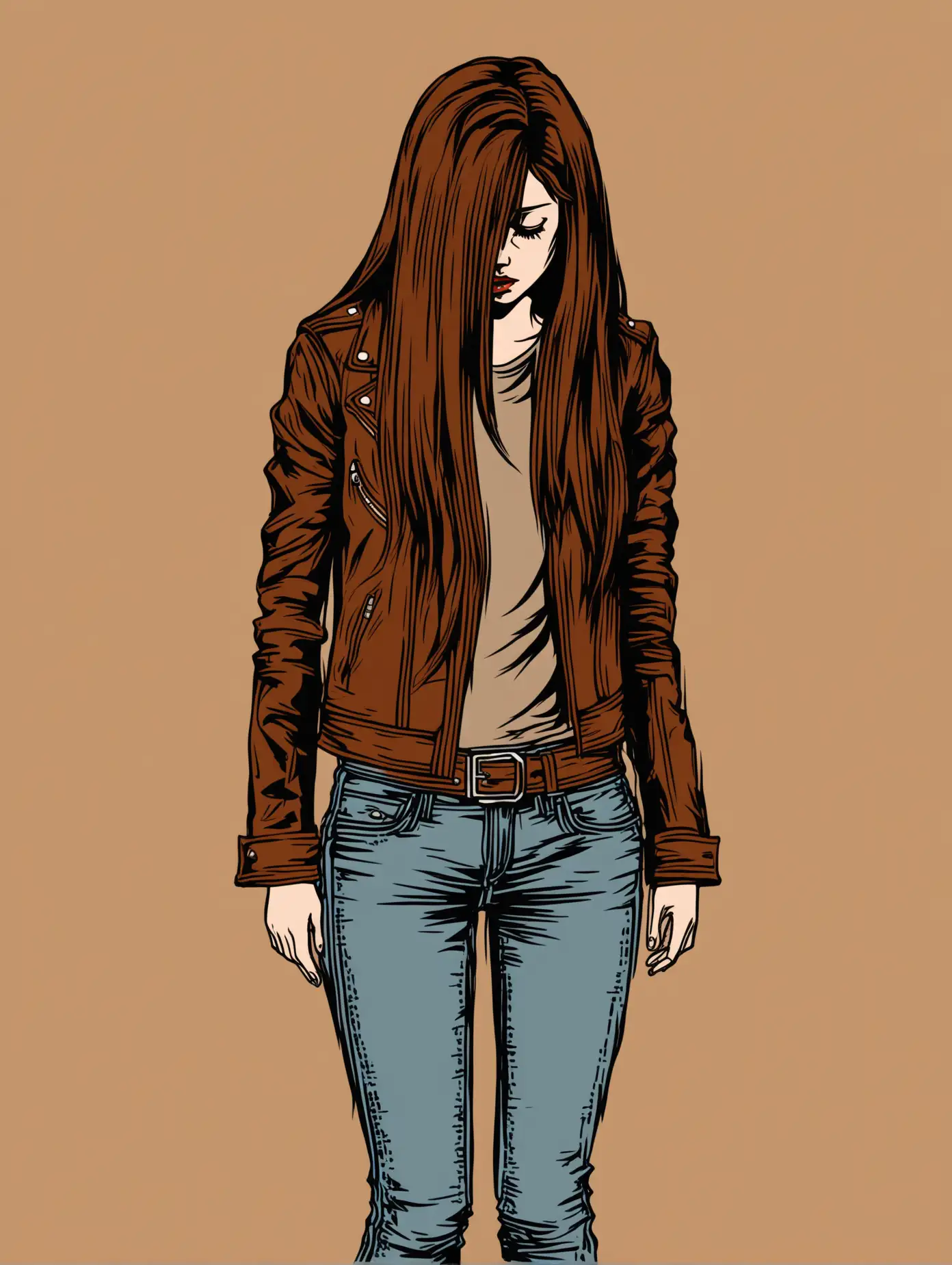 Vector drawing of a standing girl, in her 20s standing wearing a brown leather jacket and jeans her head is looking down and her long devilish hair hides her face
