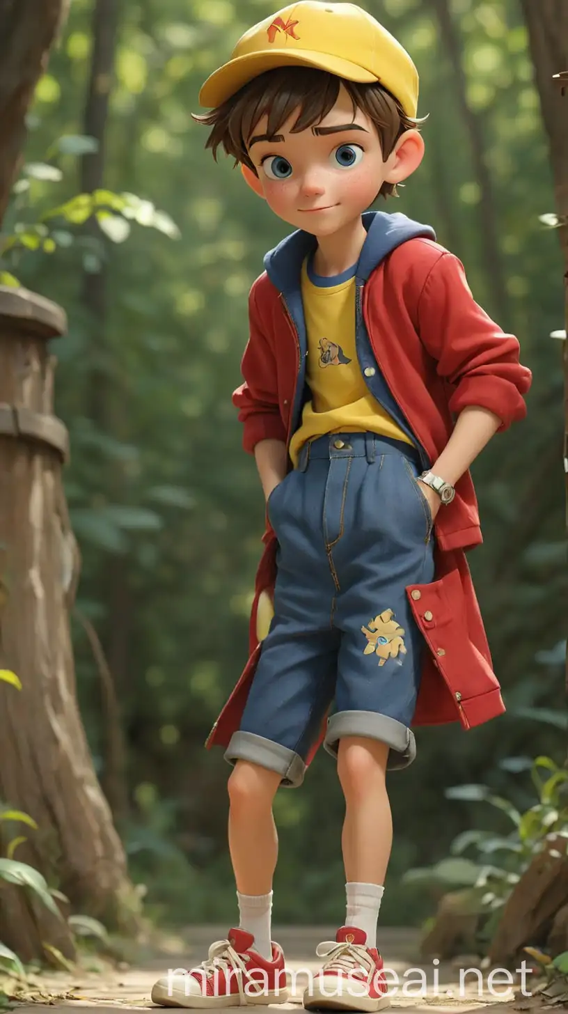 A charming and lively young man with a boyish charm that mirrors his father, Pinocchio. He has a slender build and an animated demeanor, with expressive features that light up with enthusiasm and curiosity. The Boy’s hair is a bright sunny yellow, styled in a tousled manner that gives him a carefree and youthful appearance. His eyes are a sparkling royal blue, brimming with mischief and adventure. The Boy’s complexion is fair and freckled, adding to his youthful charm. His outfit embodies a fusion of 2020s boy next door, dollcore, kidcore, and vintage Americana aesthetics, reflecting his playful and adventurous nature. He wears a bright red baseball jacket with white stripes on the sleeves, reminiscent of vintage Americana style and adding a pop of color to his ensemble. Underneath the jacket, he wears a royal blue t-shirt adorned with a playful print of cartoon characters, adding to the whimsy of his look. Leo's jeans are a classic denim style in a medium wash, cuffed at the ankles for a laid-back and casual vibe. On his feet, he wears bright yellow sneakers with white laces, adding a playful pop of color to his footwear and ensuring both style and comfort for his outdoor adventures. The Boy accessorizes with a red baseball cap worn backwards, adding to his sporty and carefree look. In his hand, he carries a vintage wooden toy carved in the likeness of his father, Pinocchio, a reminder of his heritage and the adventures that lie ahead. The Boy’s makeup is natural and understated, with a hint of bronzer to accentuate his features and a swipe of lip balm for a touch of color. Overall, The Boy exudes an aura of youthful energy and optimism, blending elements of tradition, nostalgia, and modern style in his captivating fashion choices. 