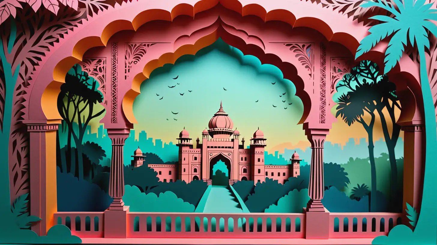 Double Exposure Indian Castle Terrace Overlooking Jungle at Night Colorful 2D Laser Cut Paper Illustration