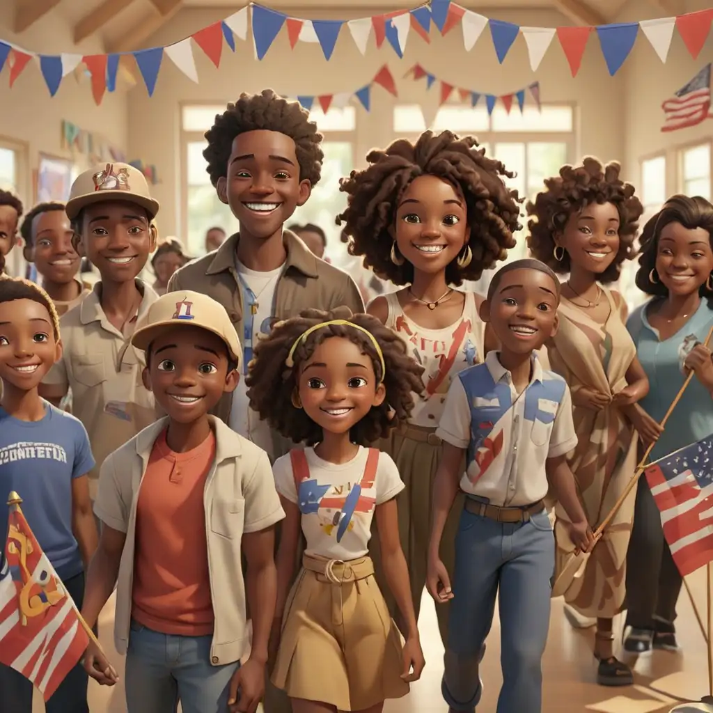 defined 3D cartoon-style African Americans at the community center with Juneteenth flags smiling 