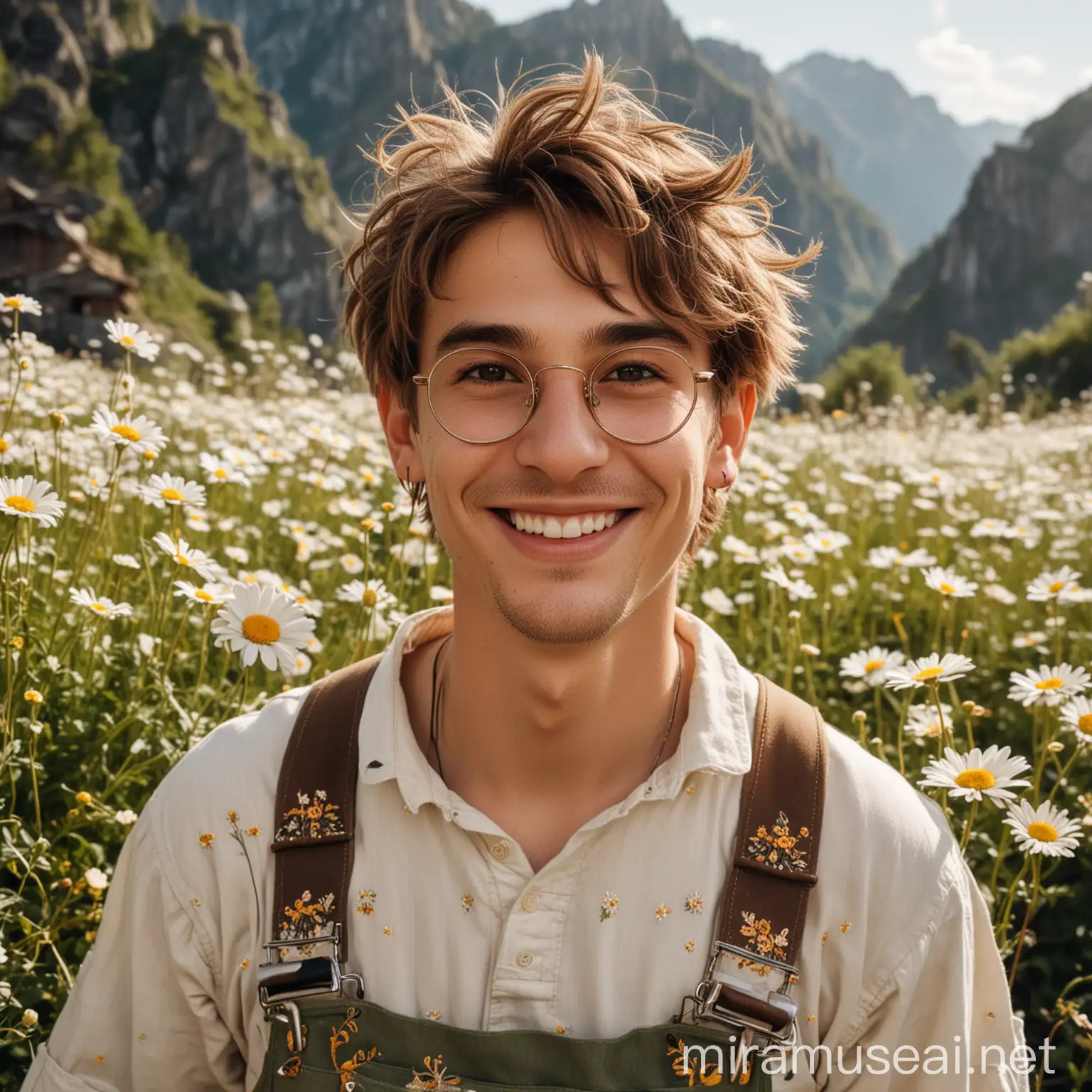 a young adult smiling, elfe ears, with brown hair and a white lock of hair, hazelnut eyes, he has big golden glasses, he has sun earrings,  he wears an overalls with daisies embroidered on it, he has sun tattoos on his face, he has a traveler bag, he has a crossbow and a stick
