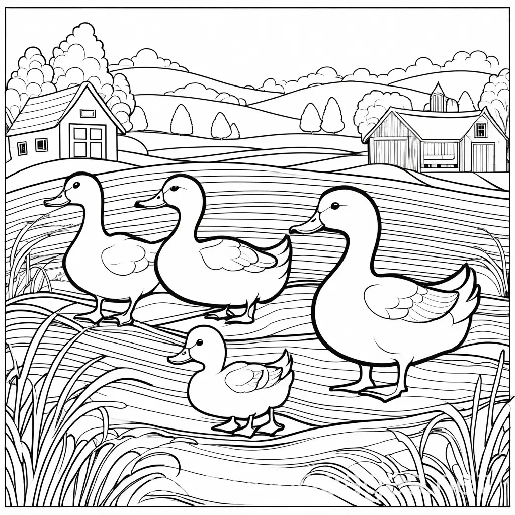 Ducks in the farm , coloring book photo , thick lines , no shading , black and white , Coloring Page, black and white, line art, white background, Simplicity, Ample White Space. The background of the coloring page is plain white to make it easy for young children to color within the lines. The outlines of all the subjects are easy to distinguish, making it simple for kids to color without too much difficulty