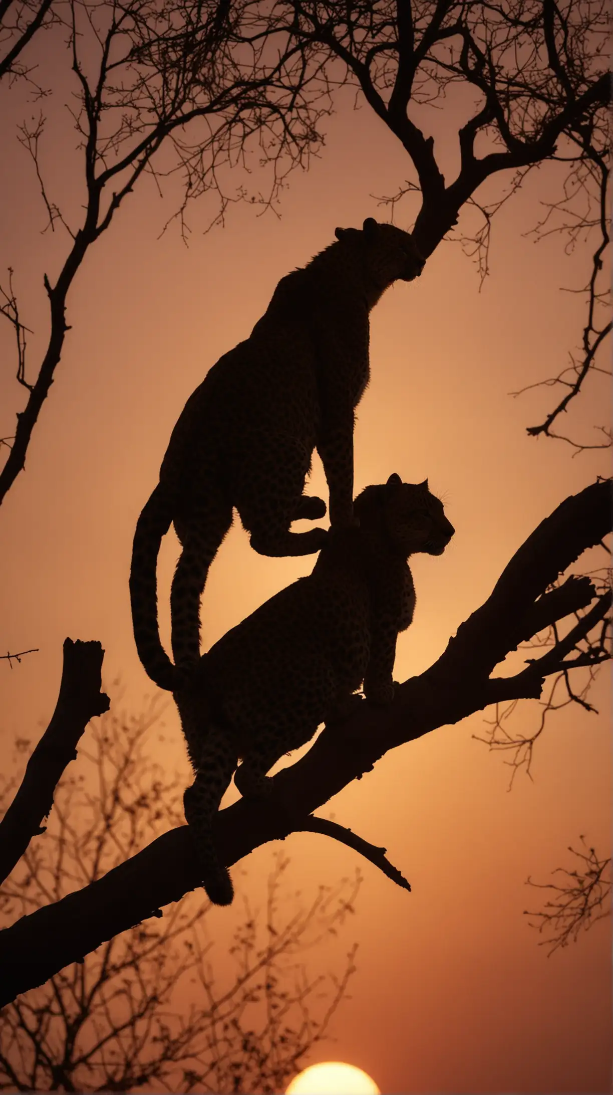 a silhouette of a leopard on a tree branch against a sunset background.” The style of art is a photograph with a focus on silhouette and natural lighting.