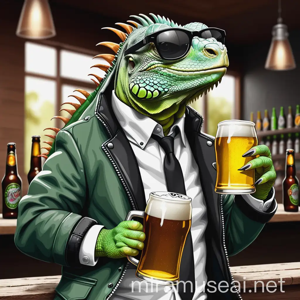iguana con chaqueta y gafas negras bebiendo cerveza ilustracion