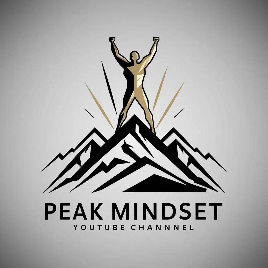 Design a YouTube channel logo for 'Peak Mindset' with a gold and black color palette. Incorporate a stylized human figure standing triumphantly on a mountain peak, symbolizing achievement and mental fortitude. The logo should exude confidence and sophistication, with clean lines and a professional look.
