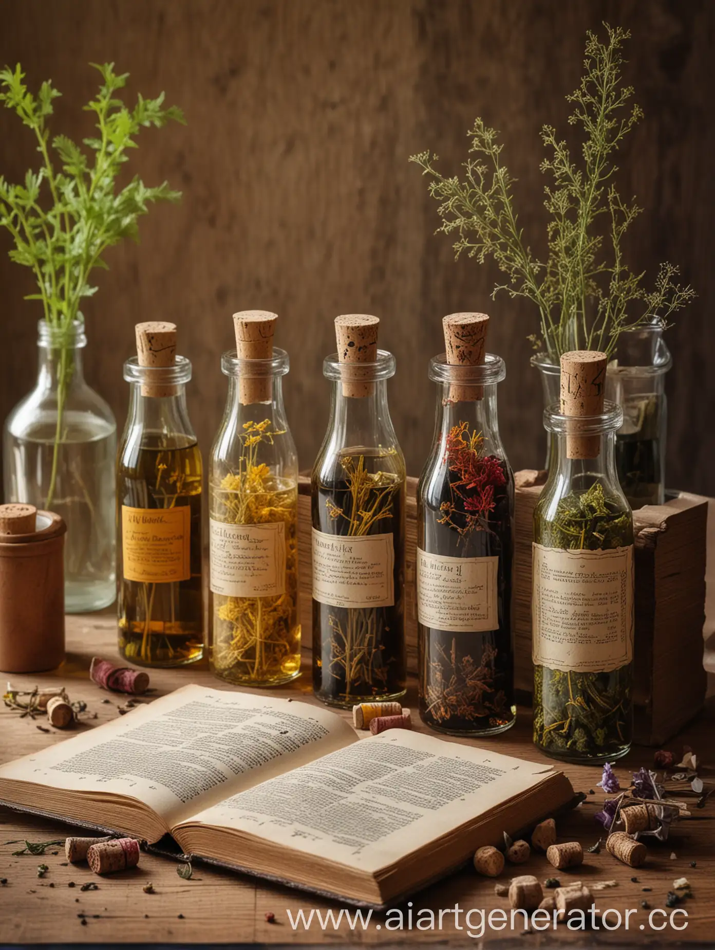 Vintage-Herbal-Infusions-on-Oak-Table-with-Recipe-Book