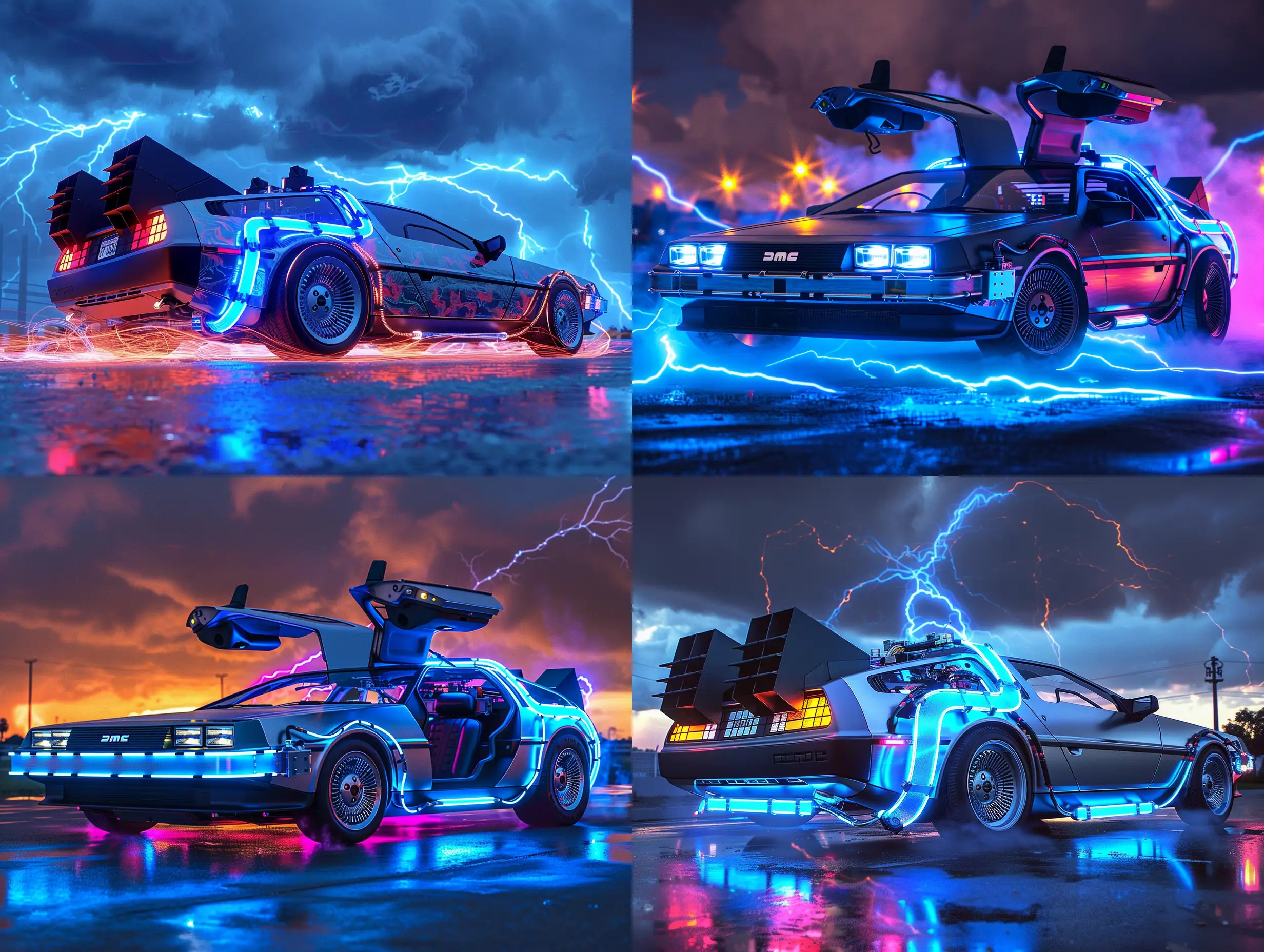 Back to the future delorean lit up, scifi, vivid, blue lightning in sky, smoky, fire trails, artistic, artstation,