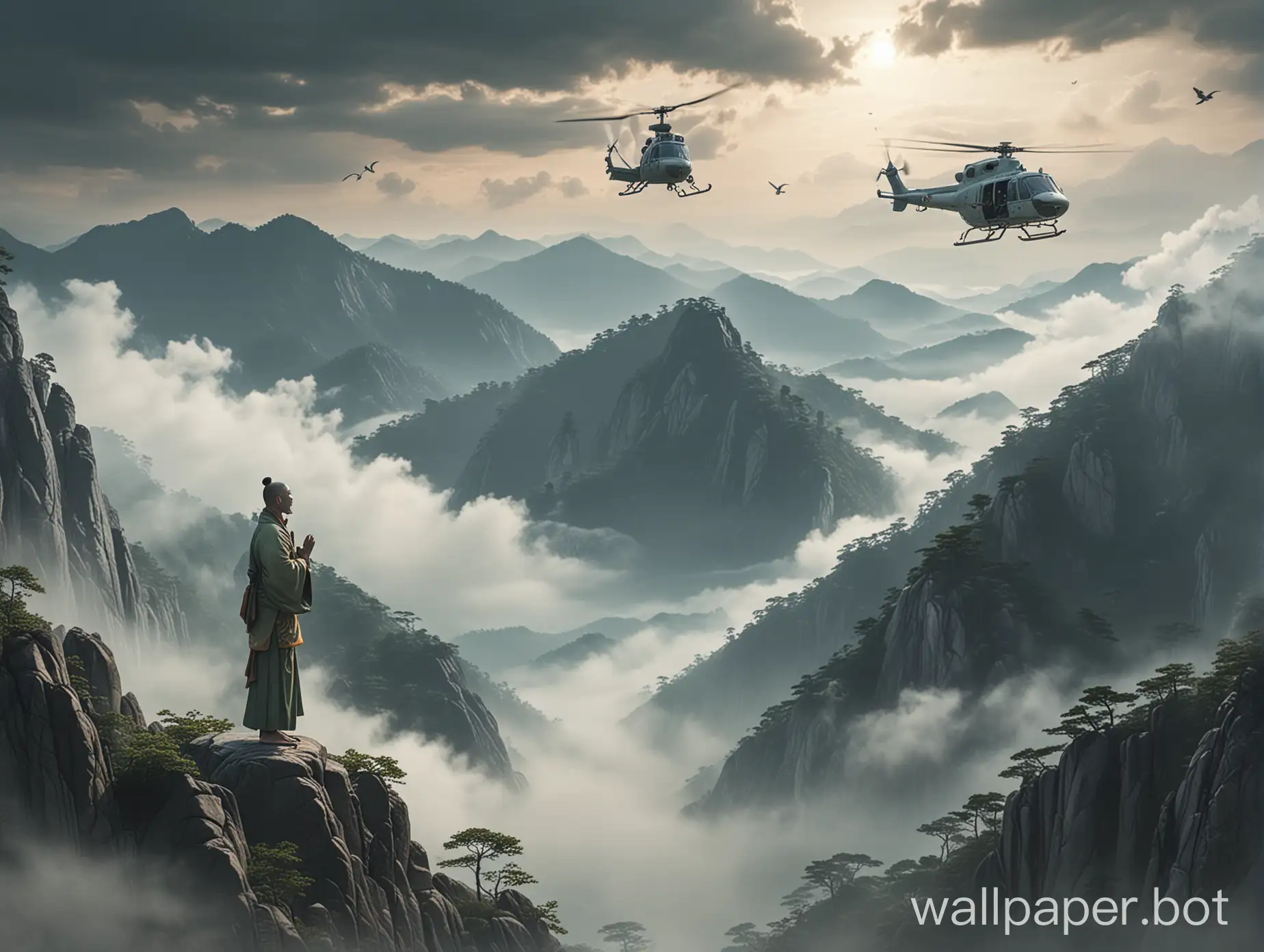 garuda bird flying over misty korean mountains AND zen monk meditating on the mountain AND greenpeace chopper flying in the clouds 4k