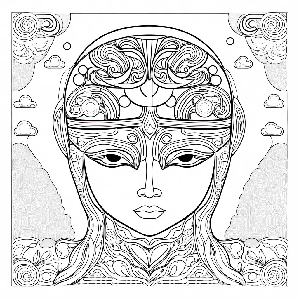 AI and the Mind, Coloring Page, black and white, line art, white background, Simplicity, Ample White Space. The background of the coloring page is plain white to make it easy for young children to color within the lines. The outlines of all the subjects are easy to distinguish, making it simple for kids to color without too much difficulty