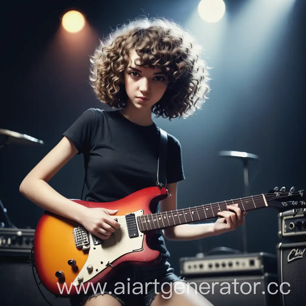Девушка-гитаристка в рок-группе, кудрявые волосы, стрижка каре, худенькая