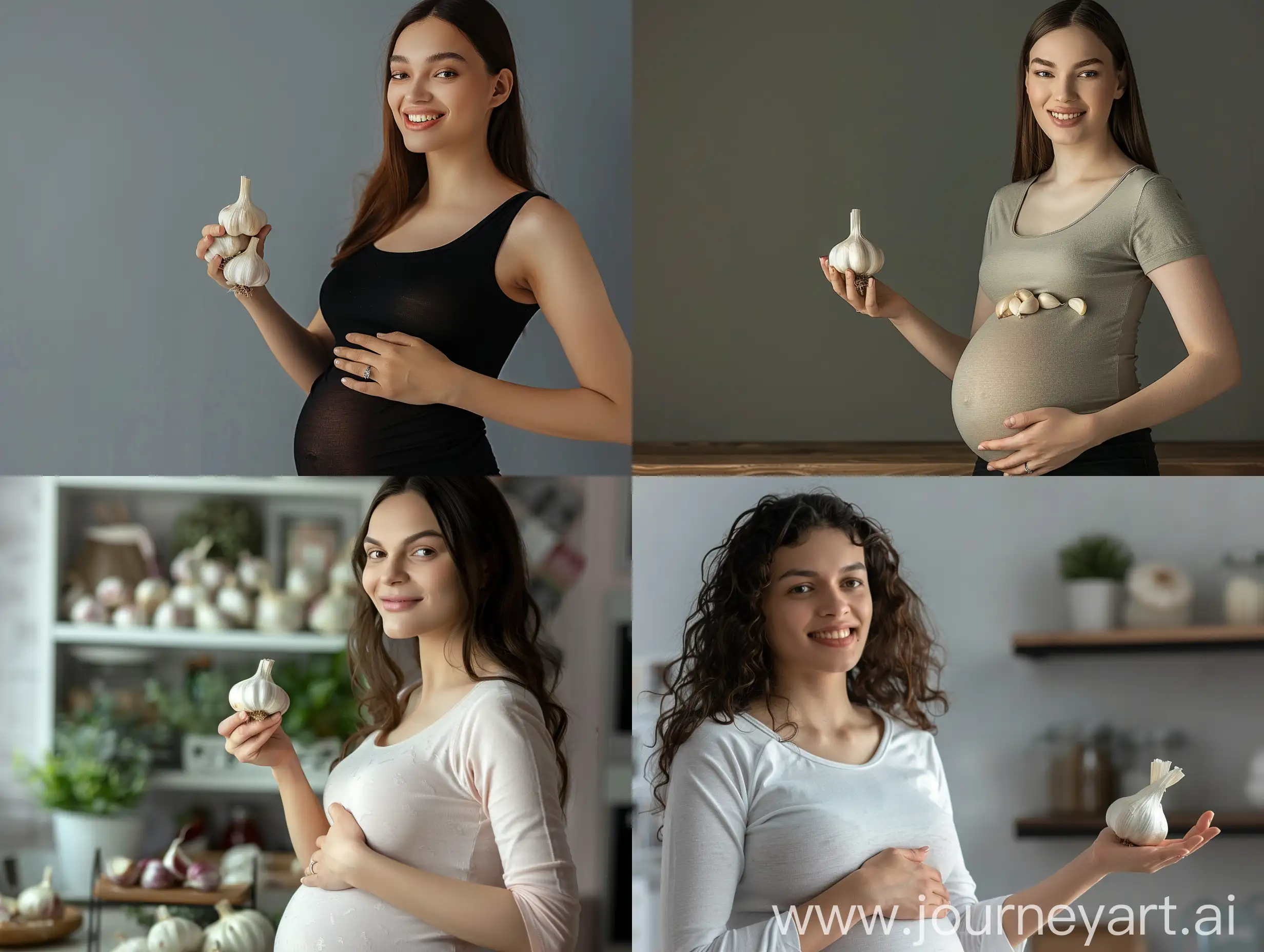 An attractive advertising photo of a pregnant woman holding garlic in her hand