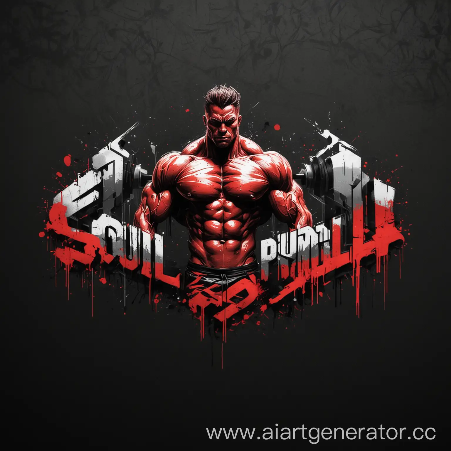 Минималистичный логотип,для бренда,по производству,спортивных футболок для бодибилдинга,используй тело бодибилдера на логотипе, черный фон,красный текст в стиле граффити, название бренда:Soul Pumping