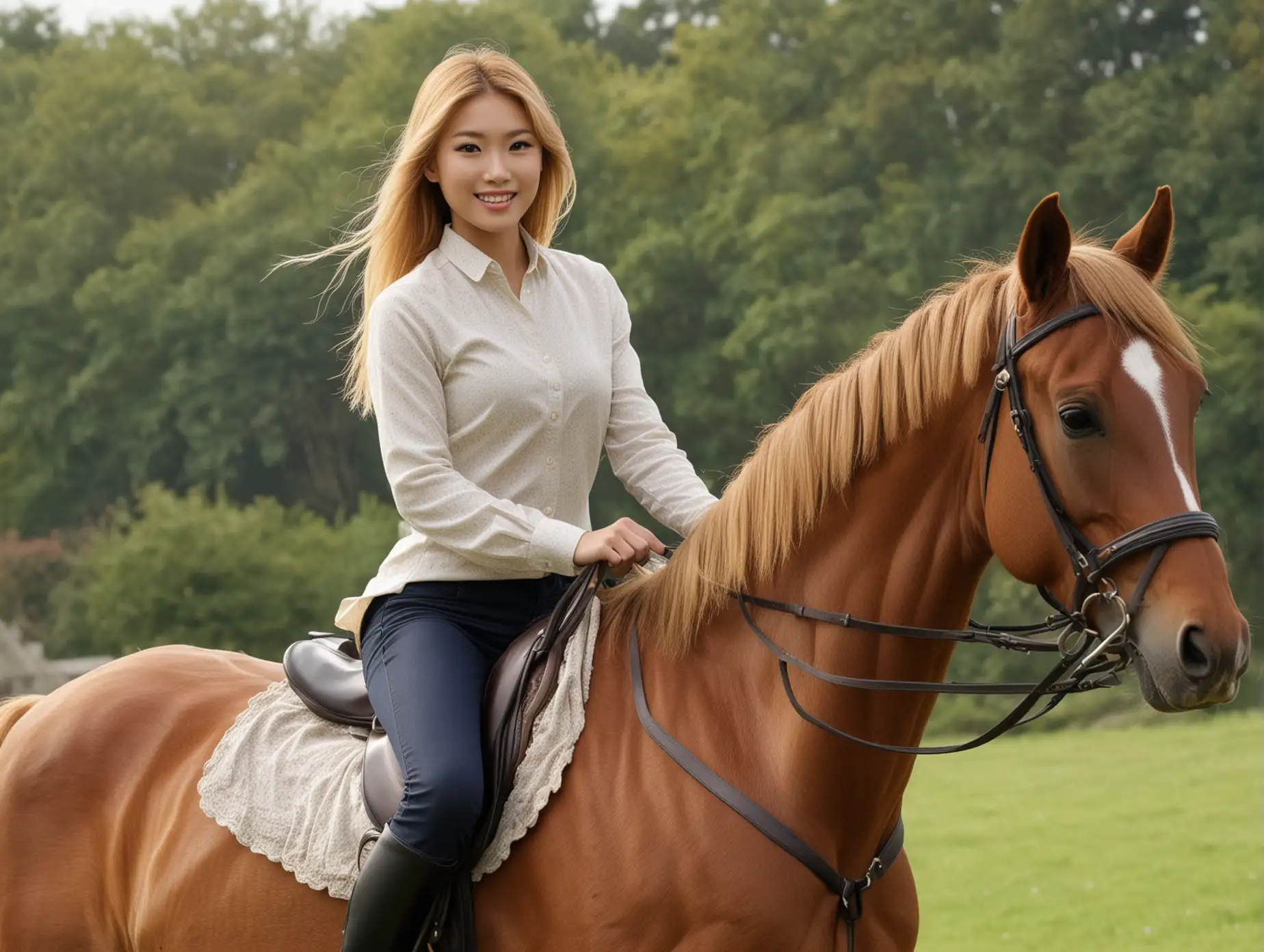 Asian model /perfect teeth, walking in on her land toward her British white mansion ,ride a brown horse, full body view/ casual Horse riding clothes, golden hair , Height 5’4” , Weight 114 lbs , Breast Size 34 , Waist Size 28 , Hip Size 35 , Body Figure 34-28-35 , Blue eyes , realistic photo / Horse: Larger-riding horses  15.2 hands ( 157 cm)  weighing from 500 kilograms