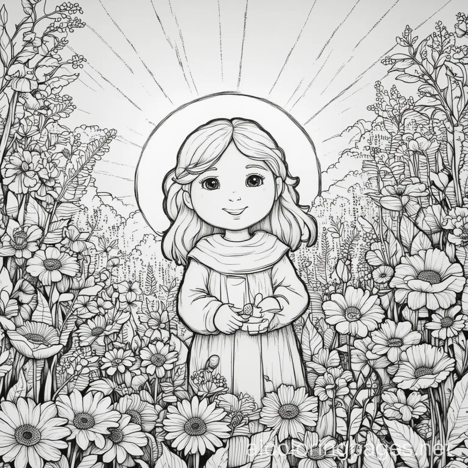  Light of the world on a background of flowers, coloring page, ample white space, line art, white background, black and white outline, simplicity, suitable for children 4-6 years old, Coloring Page, black and white, line art, white background, Simplicity, Ample White Space. The background of the coloring page is plain white to make it easy for young children to color within the lines. The outlines of all the subjects are easy to distinguish, making it simple for kids to color without too much difficulty.