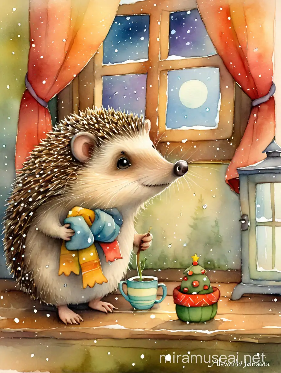 милый ежик смотрит в окно, за окном зима, идет снег, watercolour style by Alexander Jansson