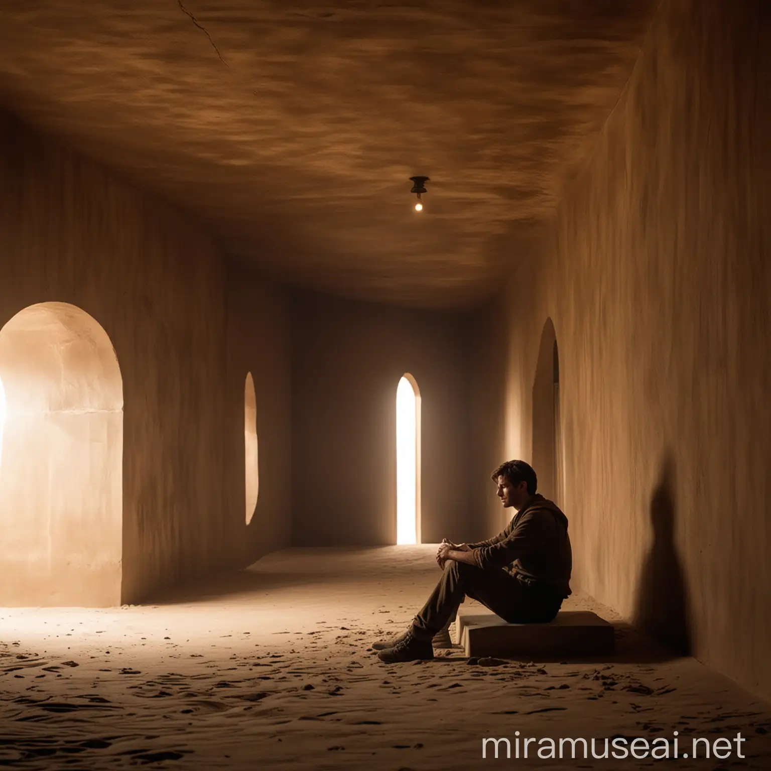 Dune style a man sitting in a building with a some sort of light