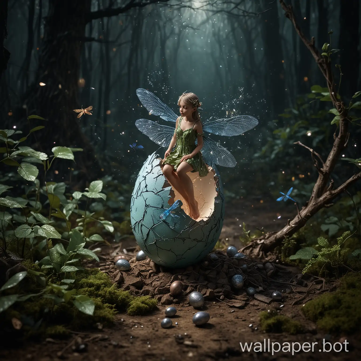 little fairy gets out of a cracked egg, dark fantasy, spring Forest, dragonflies fluttering, glitter, aesthetically pleasing, beautiful, high quality