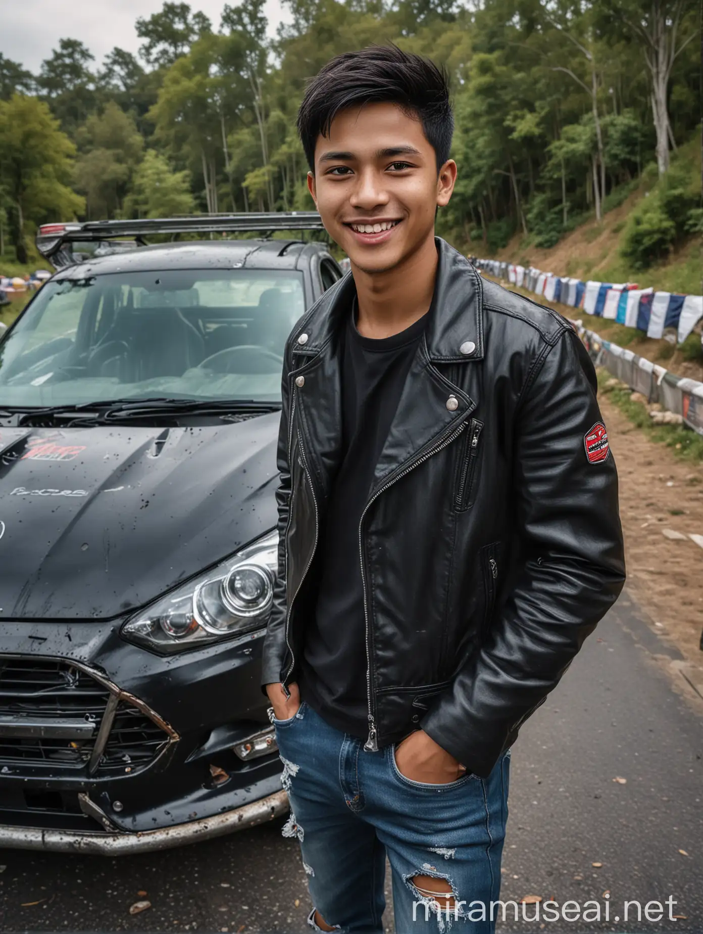 Smiling Indonesian Man Next to Rally Car on Hilltop Overlooking Winding Road
