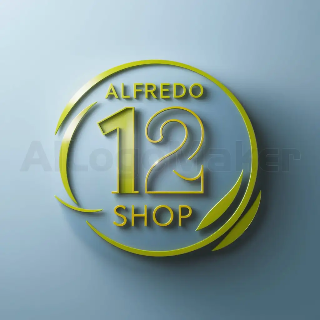 a logo design,with the text "Alfrev 12 Shop", main symbol:The logo should be a circular logo in gold color, with a light blue background, the company name is Alfredo, with a bright green color, the 12 in gold color and the word Shop in bright yellow color.,Moderate,be used in Internet Shop industry,clear background