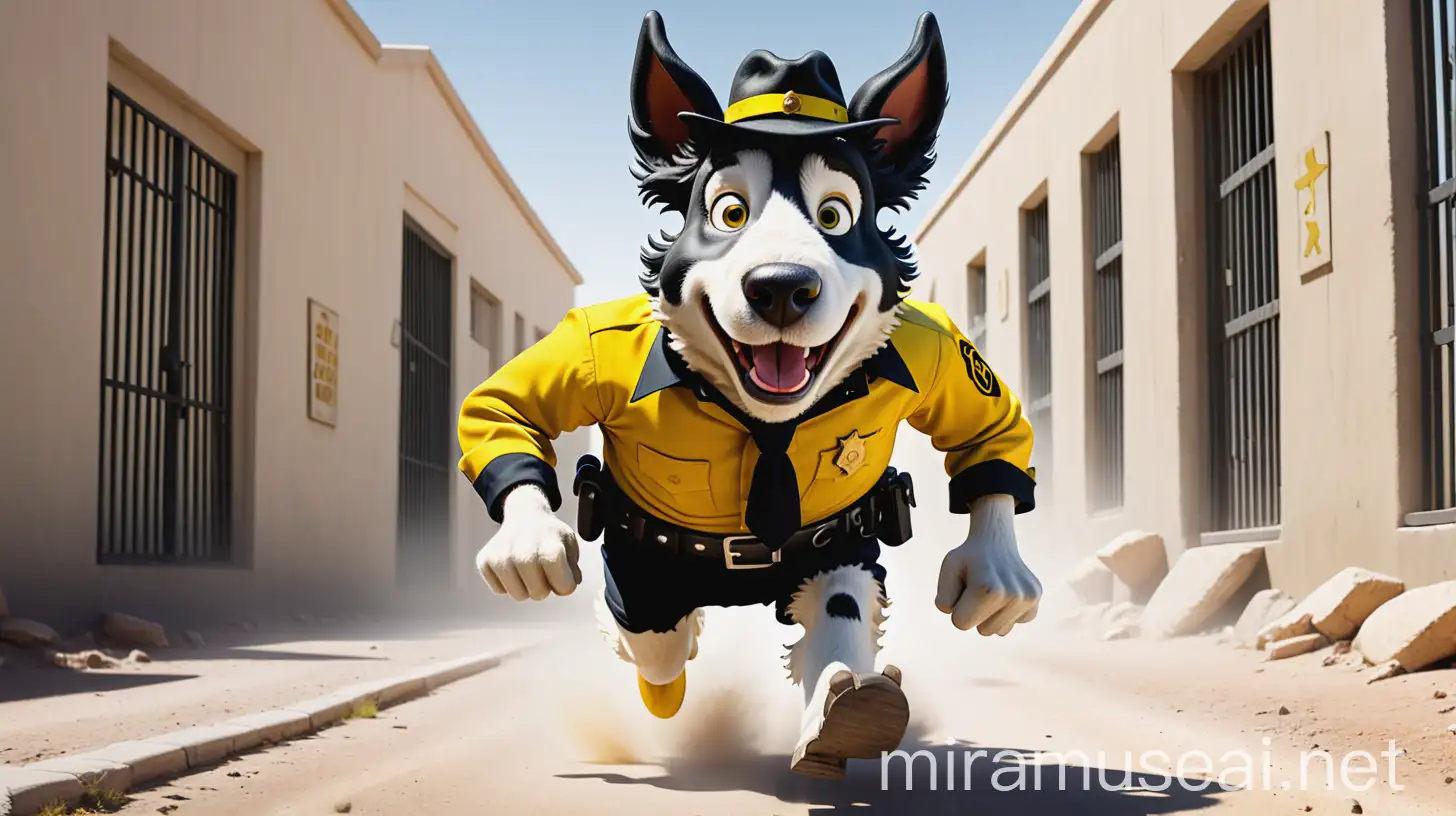 Rantanplan Sheepdog Evading Police in Yellow and Black Jail Uniform Front Perspective