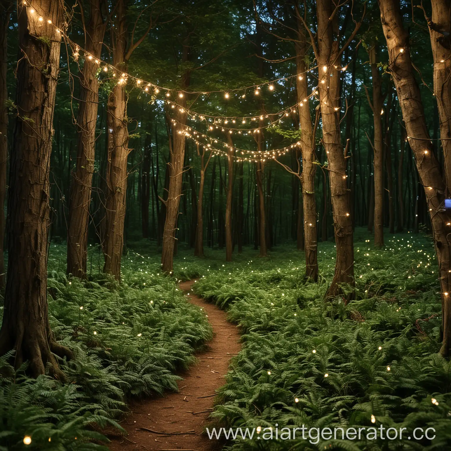 Лес зелёный со светлячками сказочный