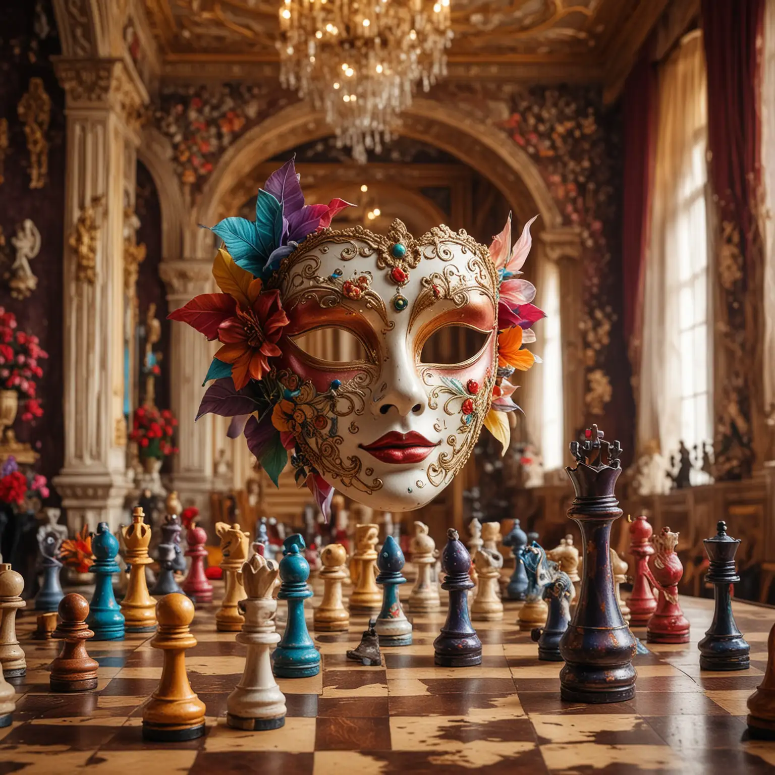 цветочная карнавальная маска и шахматные фигуры на фоне бального зала украшенного волшебными цветами