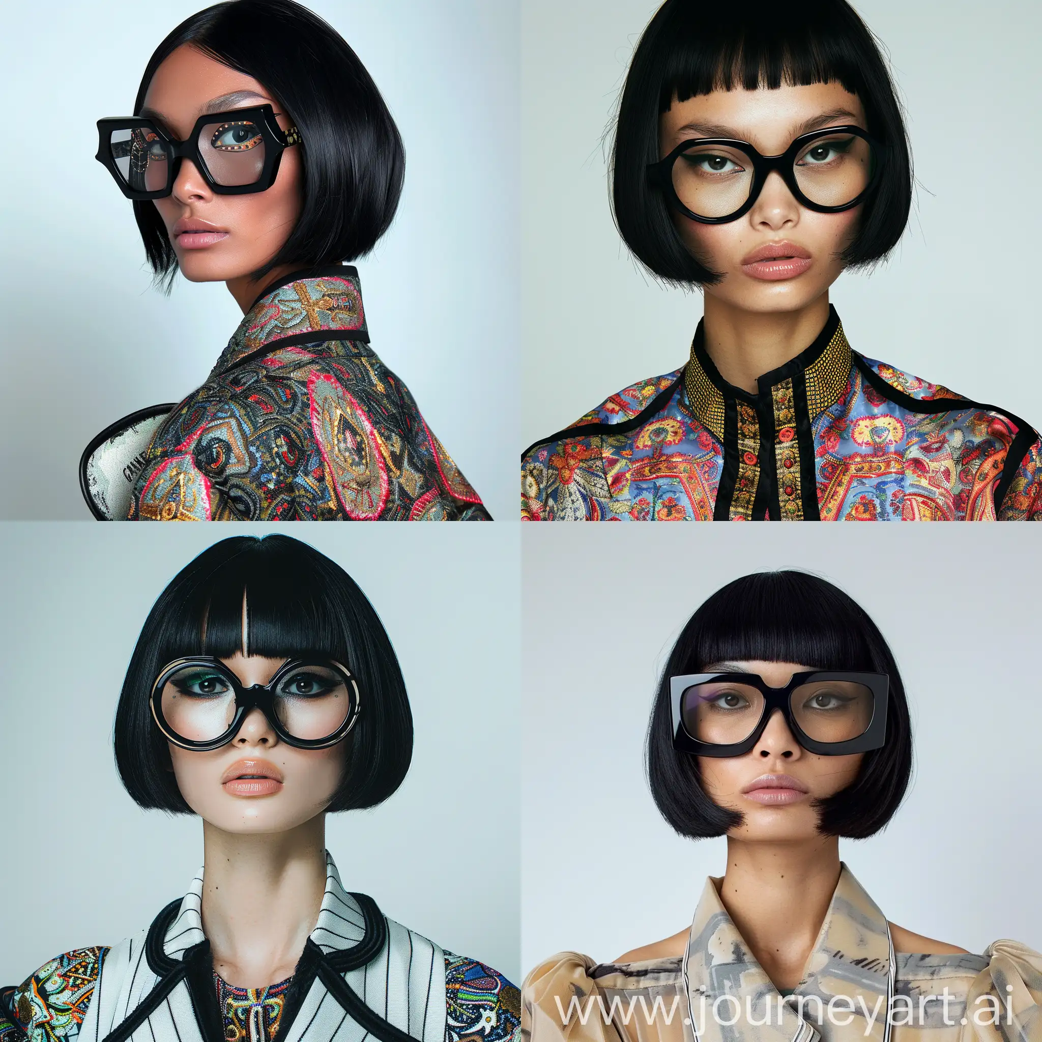 a high resolution photo of female oriental model with a trendy black glasses, wearing high fashion paris outfit, white studio background, bob black hair cover megazine --ar 1:1