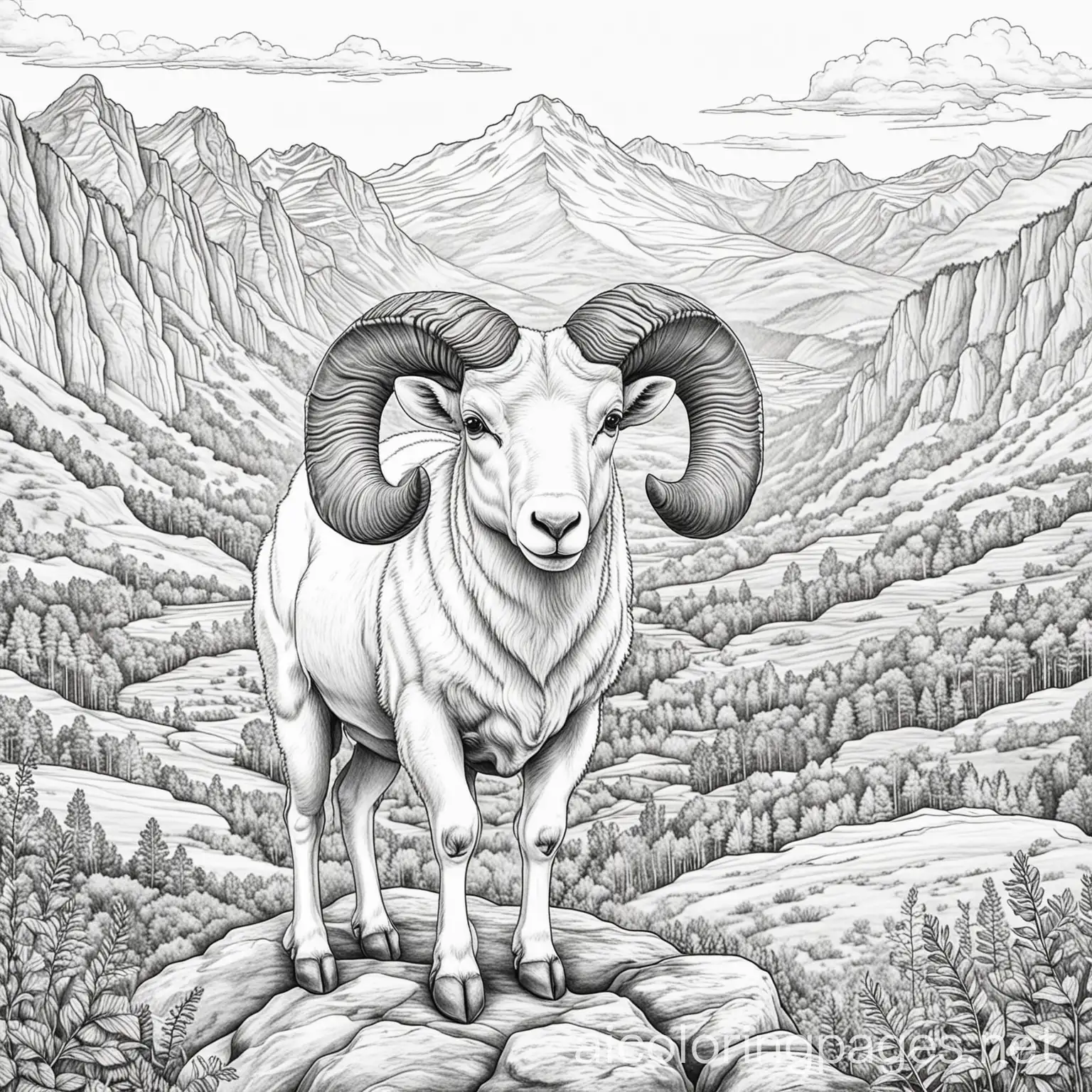 a ram black and white coloring page with a mountain background , Coloring Page, black and white, line art, white background, Simplicity, Ample White Space. The background of the coloring page is plain white to make it easy for young children to color within the lines. The outlines of all the subjects are easy to distinguish, making it simple for kids to color without too much difficulty