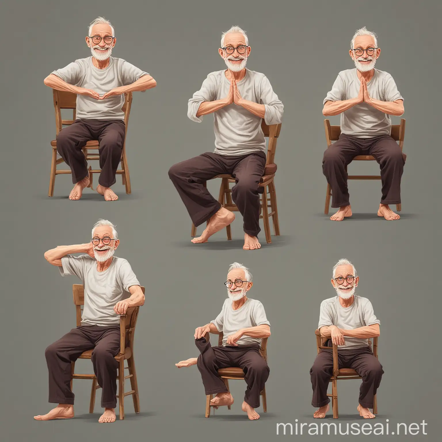 smiley old man doing chair yoga side pose vector style