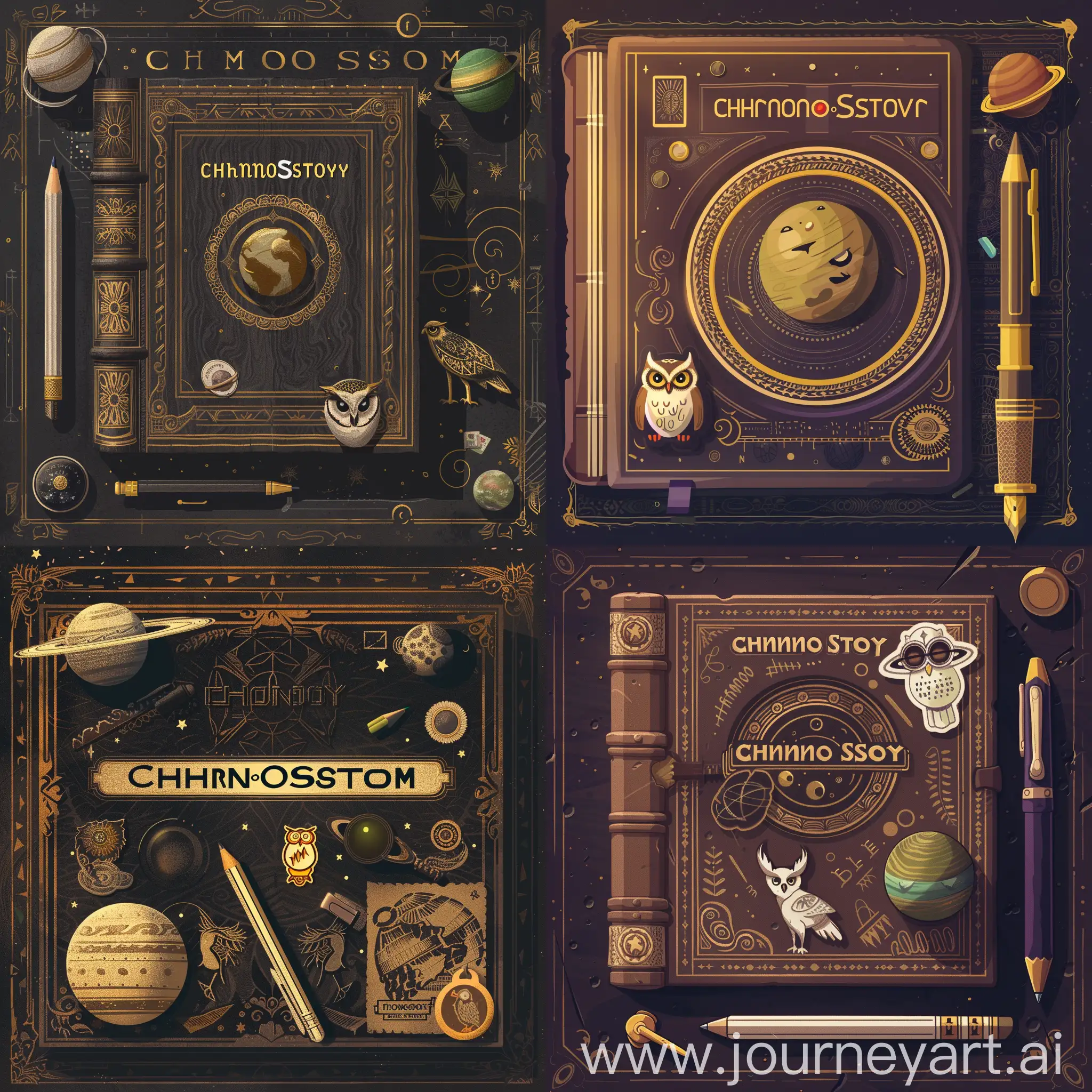 Vintage-ChronoStory-Logo-Book-with-Pen-Pencil-Planet-Sticker-and-Owl