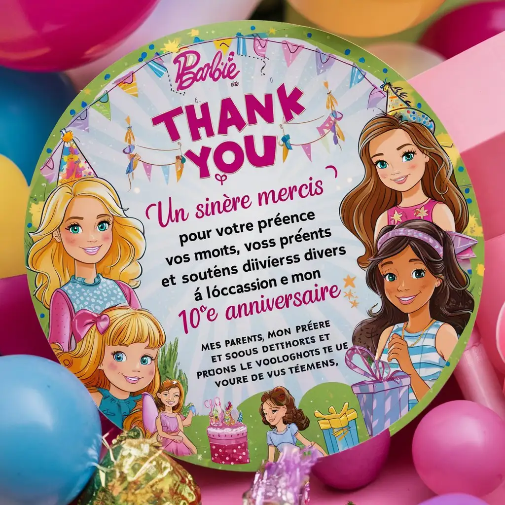 Princess Maelys Ednas 10th Anniversary Thank You Card with Barbie Theme
