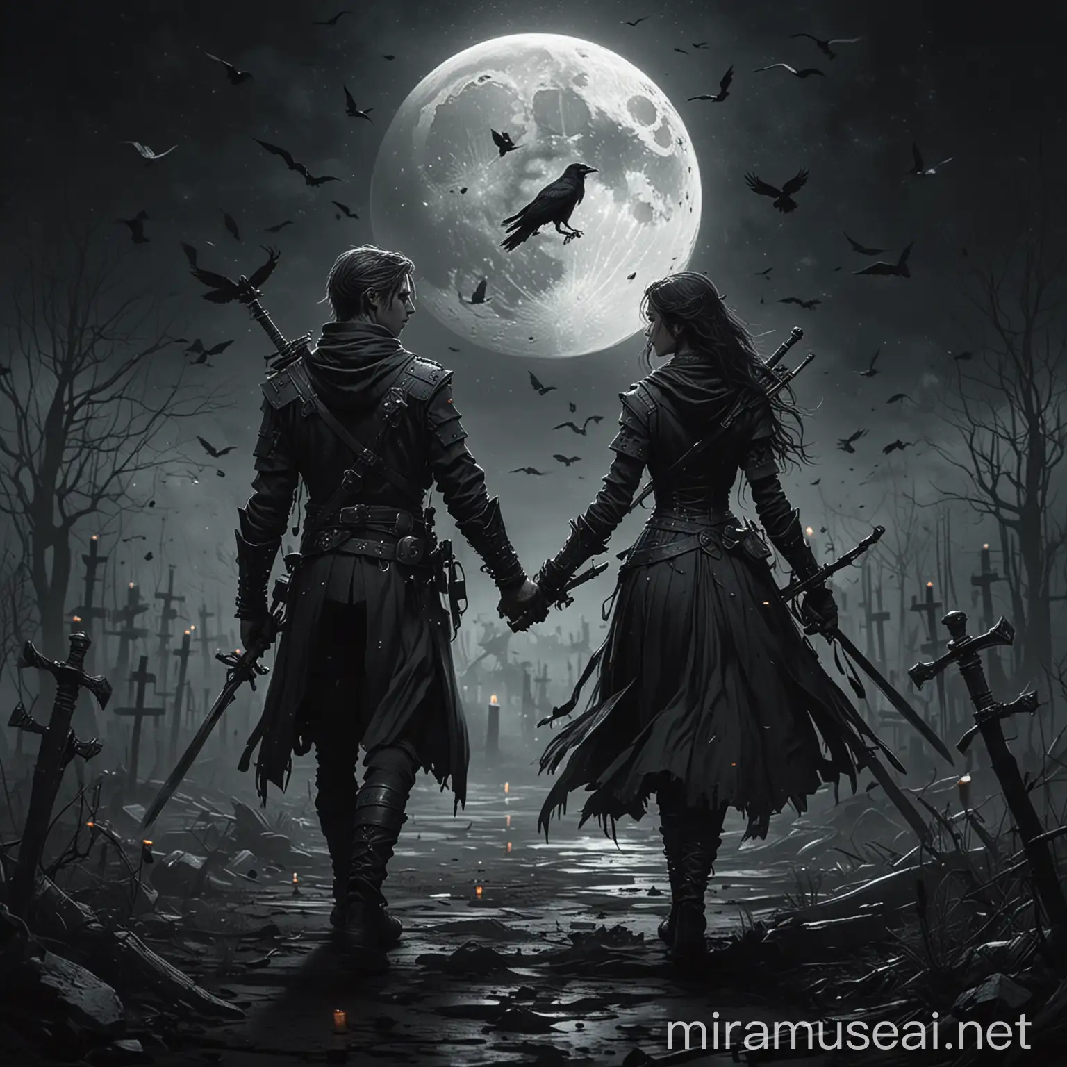 drawing style, lovely couple, holding hands, carrying weapons. dark aesthetic scenery with clear moon some Clocks, lots of Crows, few candles, few falling swords, weapons.