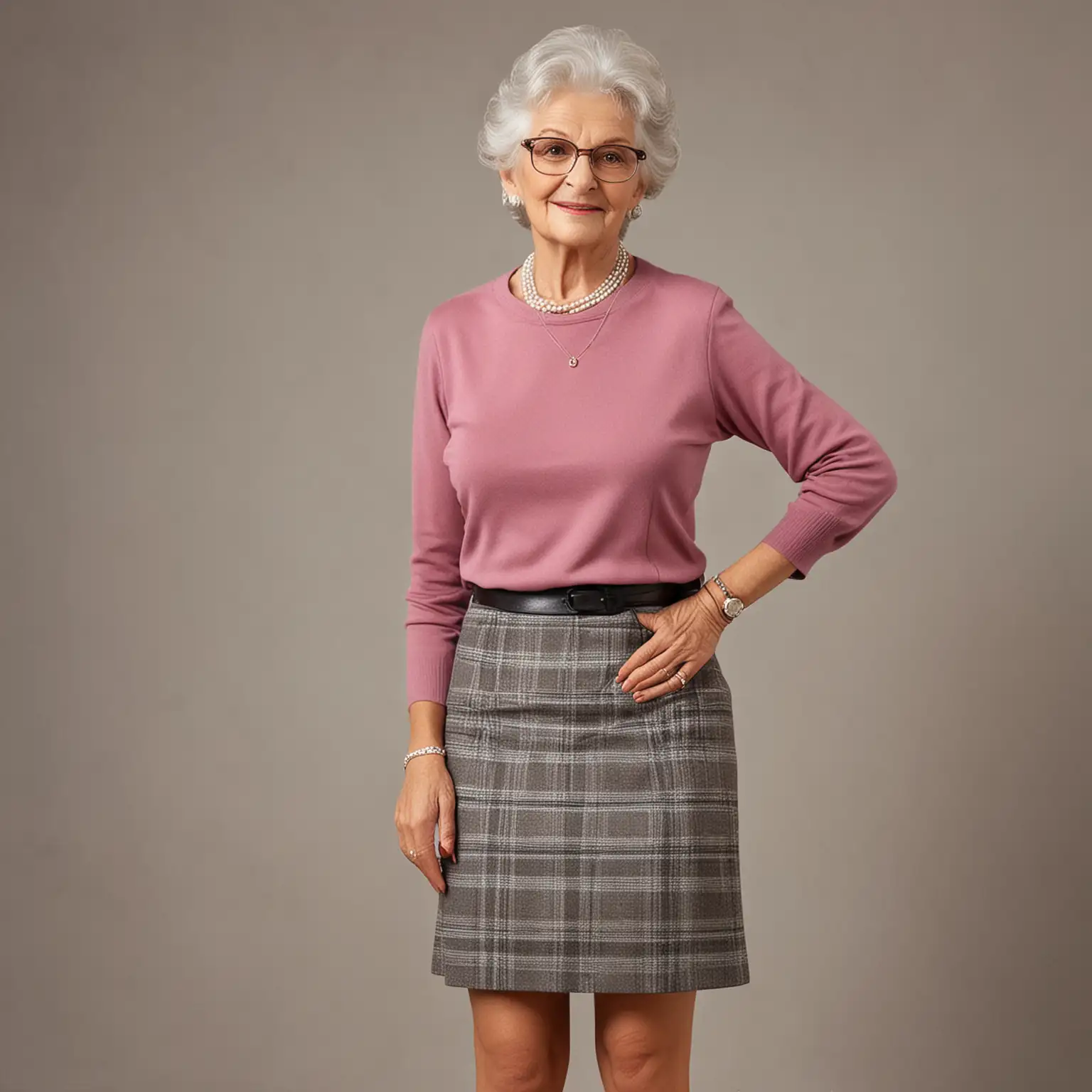 A beautiful granny as a teacher in a short skirt