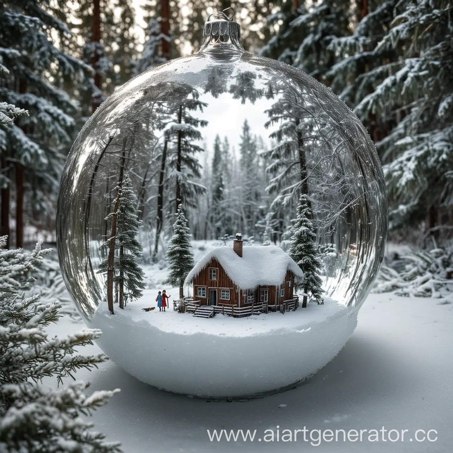Winter-Scene-with-Glass-Ball-Fir-Forest-and-Frozen-Lake