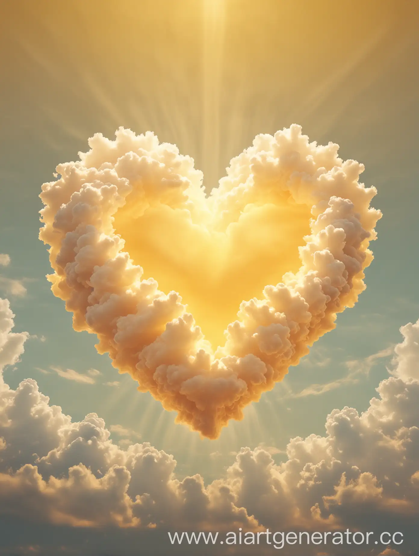 Облако в форме сердца, расположено посередине, светится,  нежно-жёлтого цвета, фон однотонный 