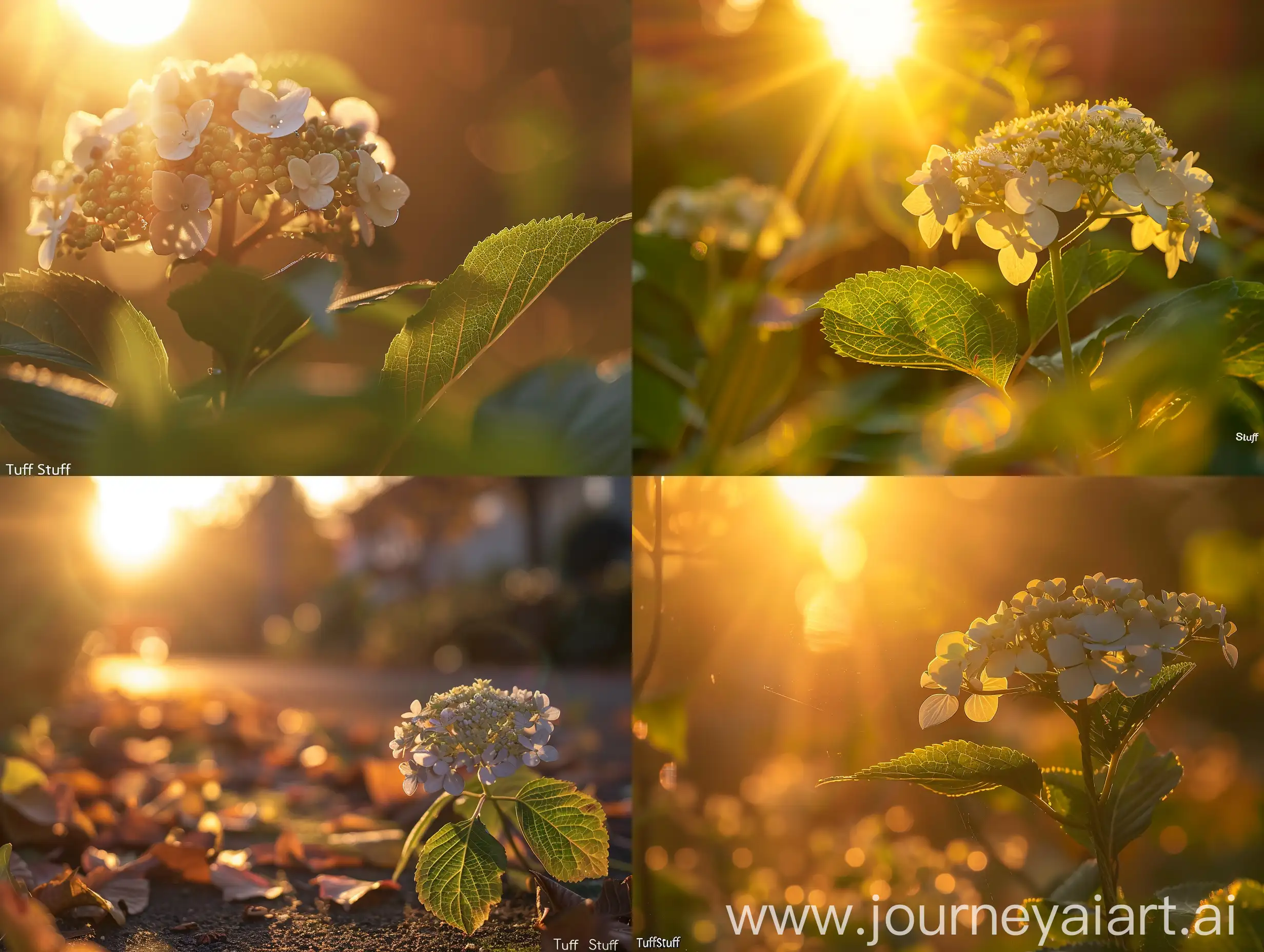 High detailed photo capturing a Hydrangea serrata, Tiny Tuff Stuff™. The sun, casting a warm, golden glow, bathes the scene in a serene ambiance, illuminating the intricate details of each element. The composition centers on a Hydrangea serrata, Tiny Tuff Stuff™. These plants are diminutive, no more than 18-24” tall and wide, perfect for even the smallest city or townhouse garden, patio containers, the mixed border or massed. The “Tuff Stuff” part of the name refers to the very hardy flower buds which promise a re. The image evokes a sense of tranquility and natural beauty, inviting viewers to immerse themselves in the splendor of the landscape. --ar 16:9 