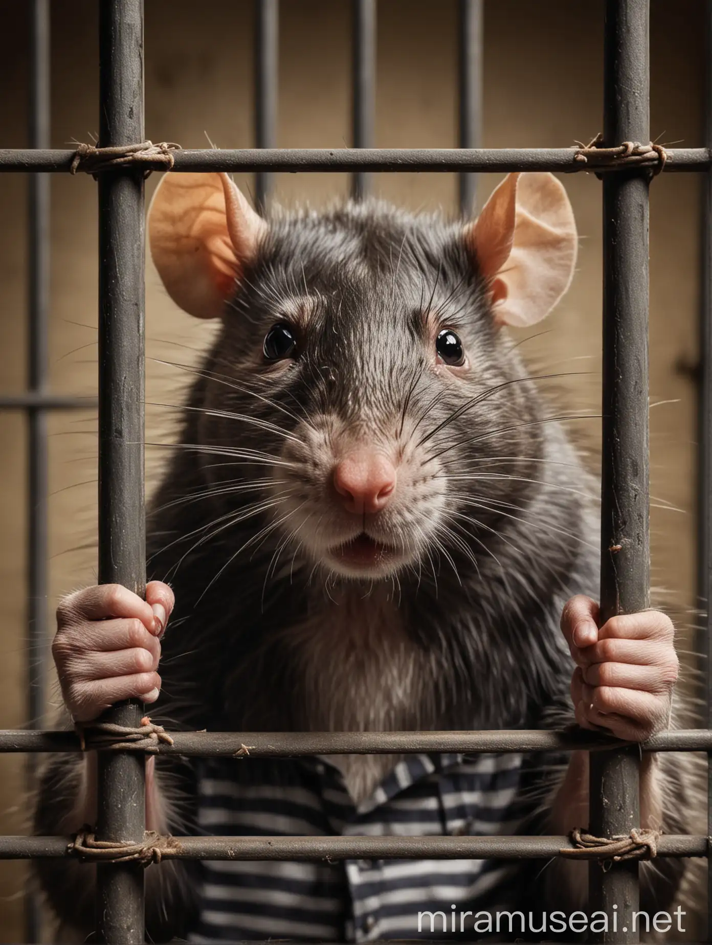 a gangster rat behind bars in jail looking angry